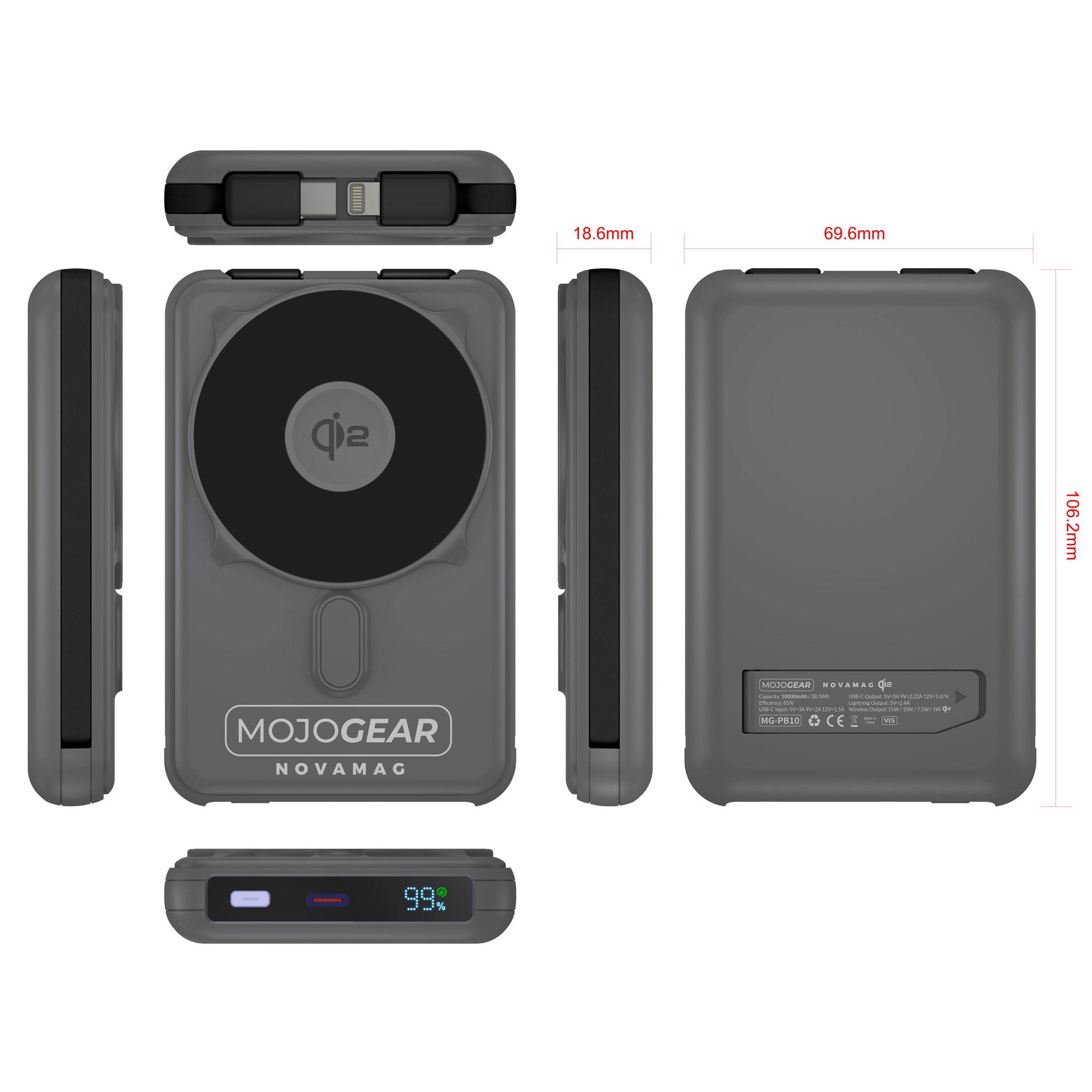 Sechs Ansichten einer grauen Powerbank mit Maßen von 69.6x106.2x18.6mm, Markenlogo und digitaler Akkuanzeige.