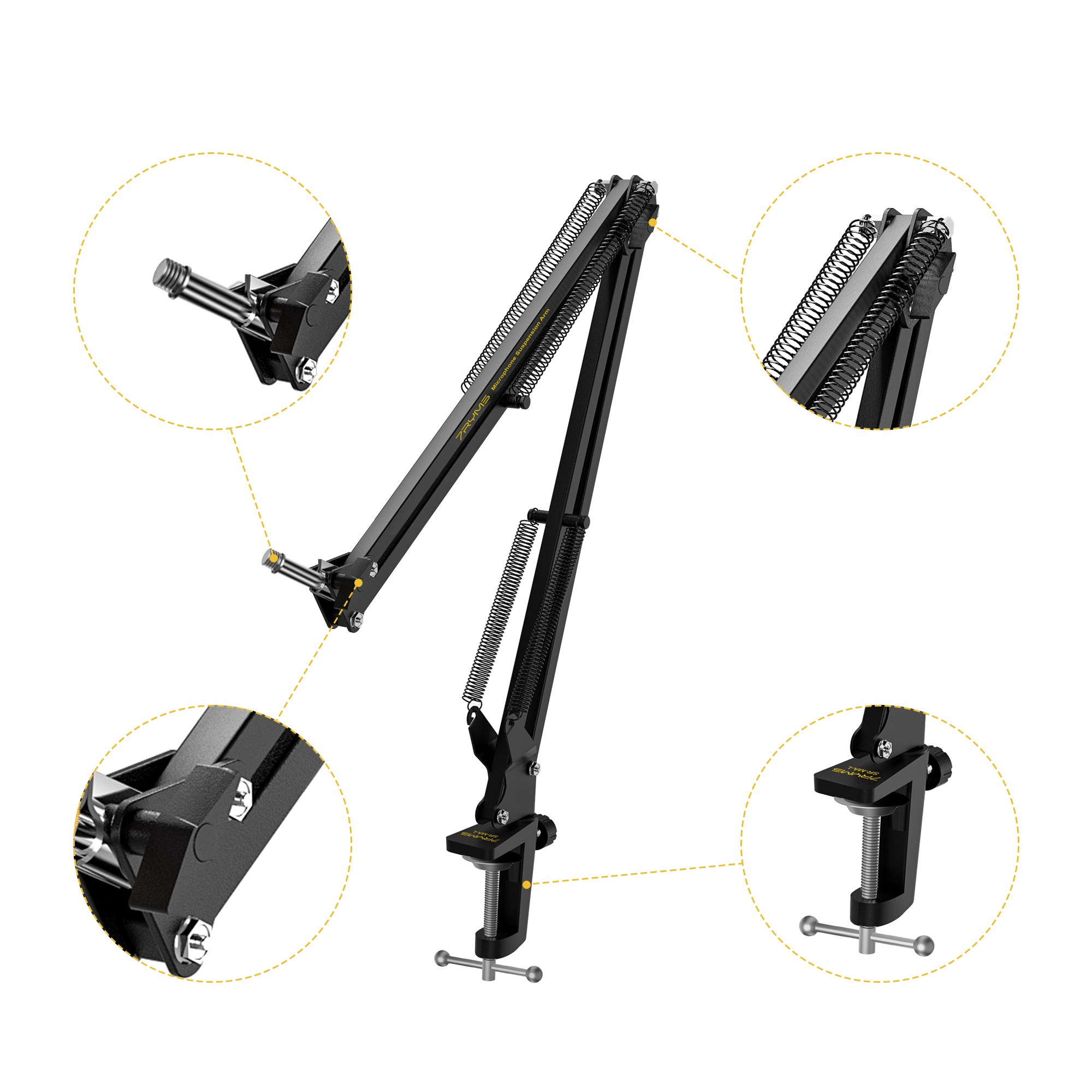 Black microphone boom arm with springs, featuring magnified detail views of the joints and desk clamp.