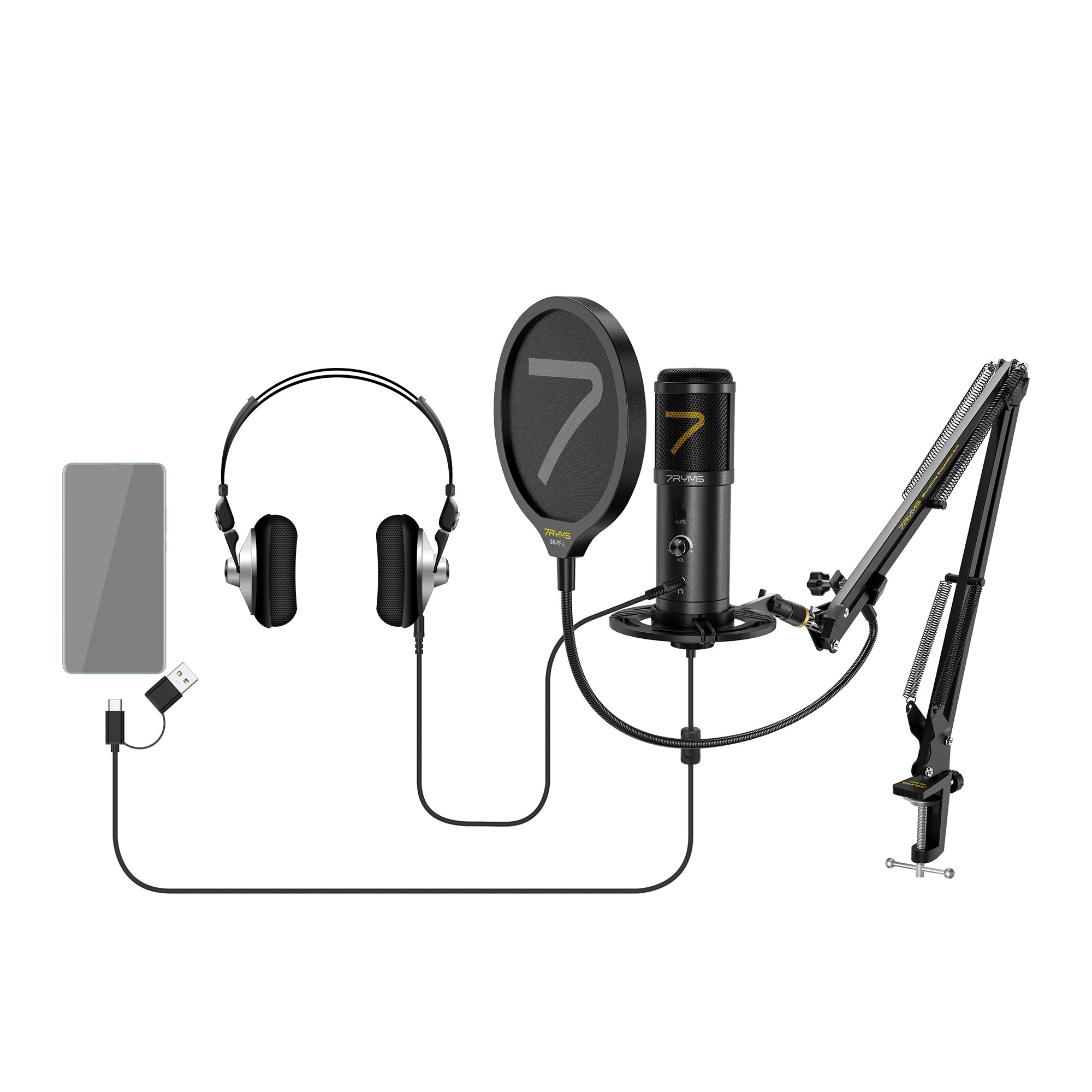 Podcast setup with phone, headphones, pop filter, microphone on arm, and cables against a white background.
