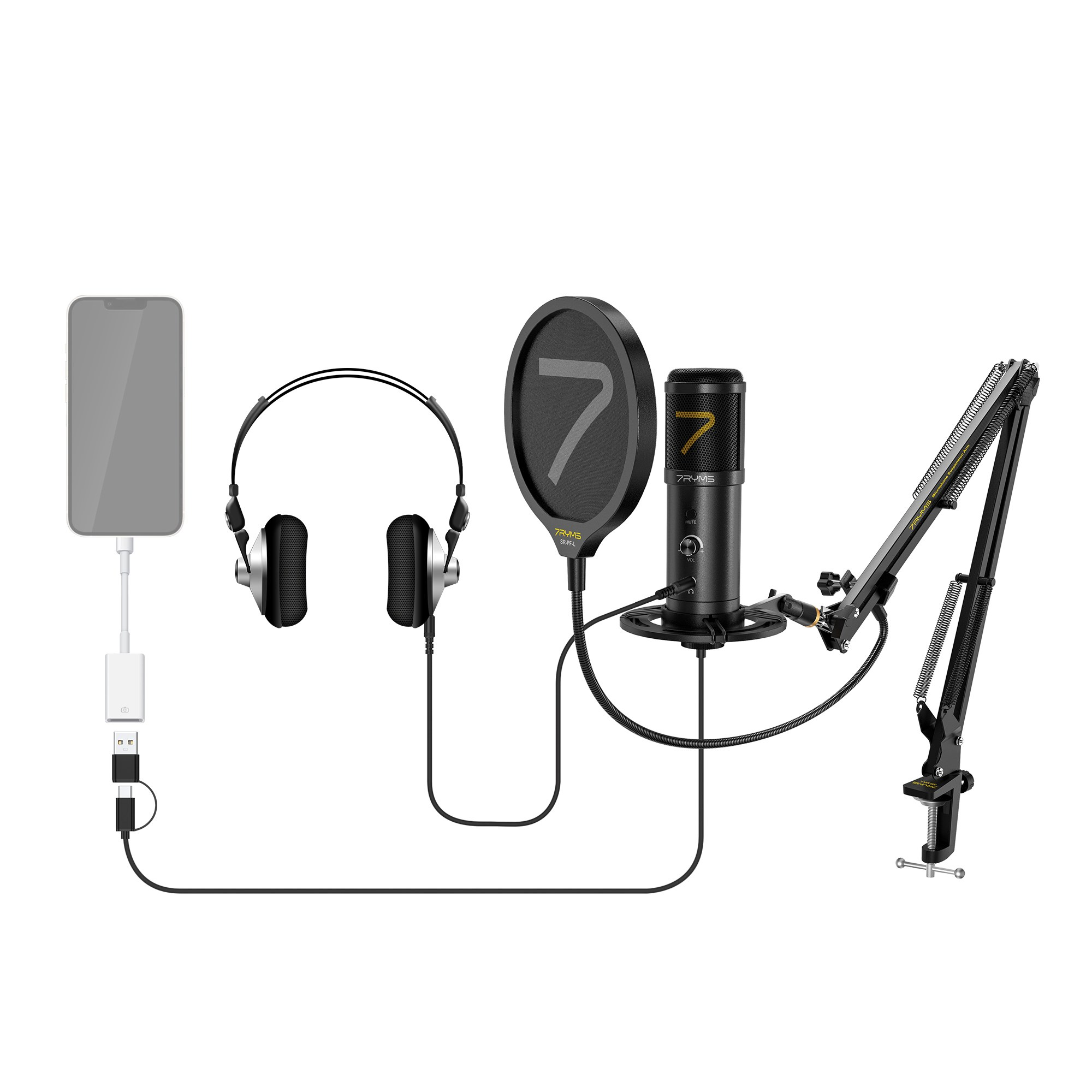 Smartphone, headphones, pop filter, microphone, and adjustable arm on a white background.