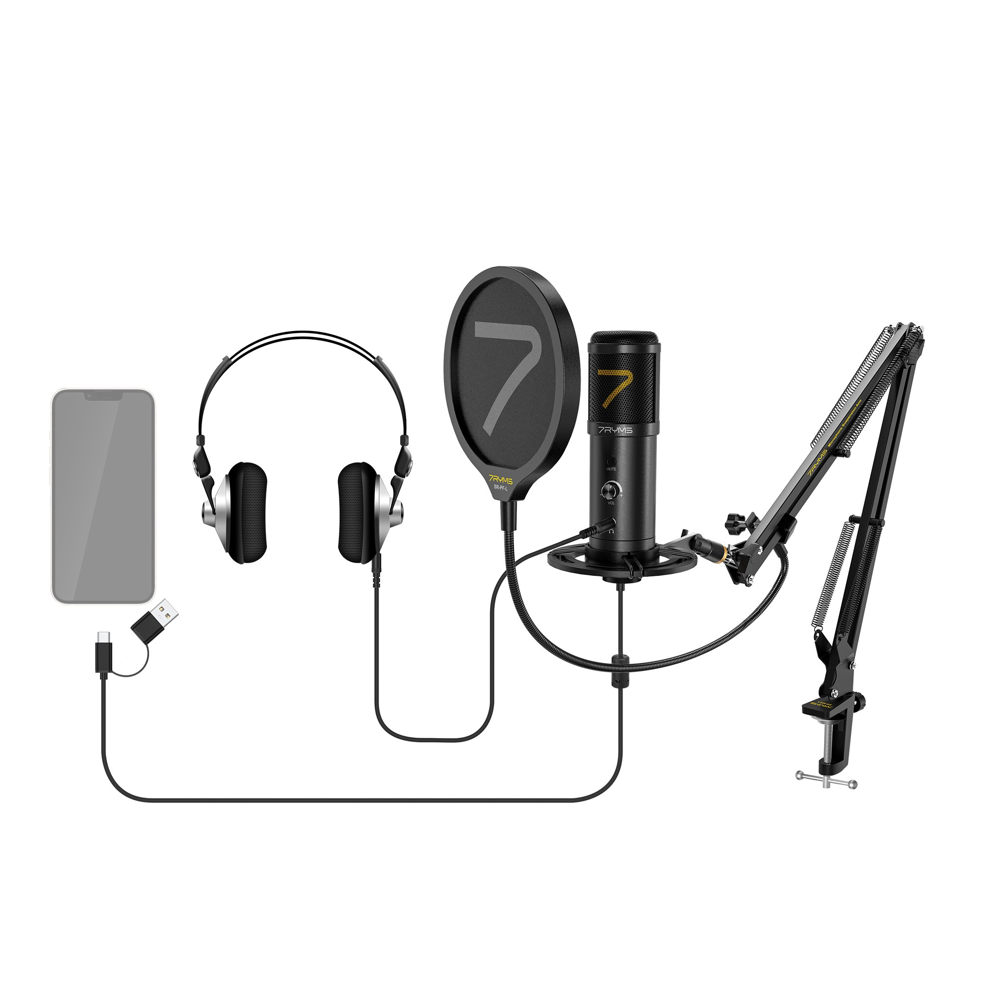 A podcast setup with smartphone, headphones, pop filter, microphone, and adjustable arm on a white background.