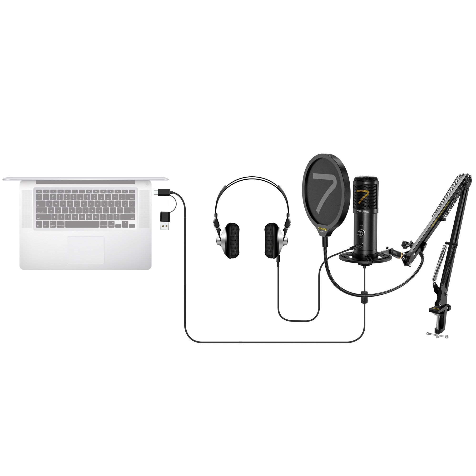 Laptop, headphones, microphone with pop filter, and boom arm on a white background.