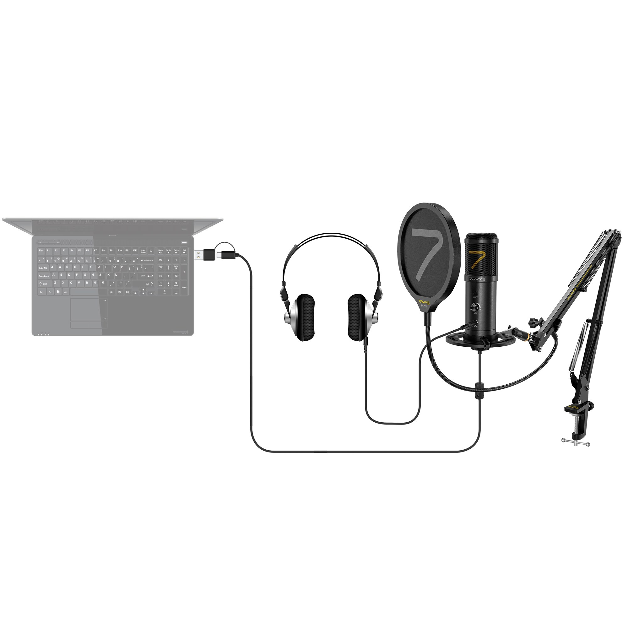 A laptop connects via cables to headphones, a pop filter, a microphone on a boom arm, and a desk stand.