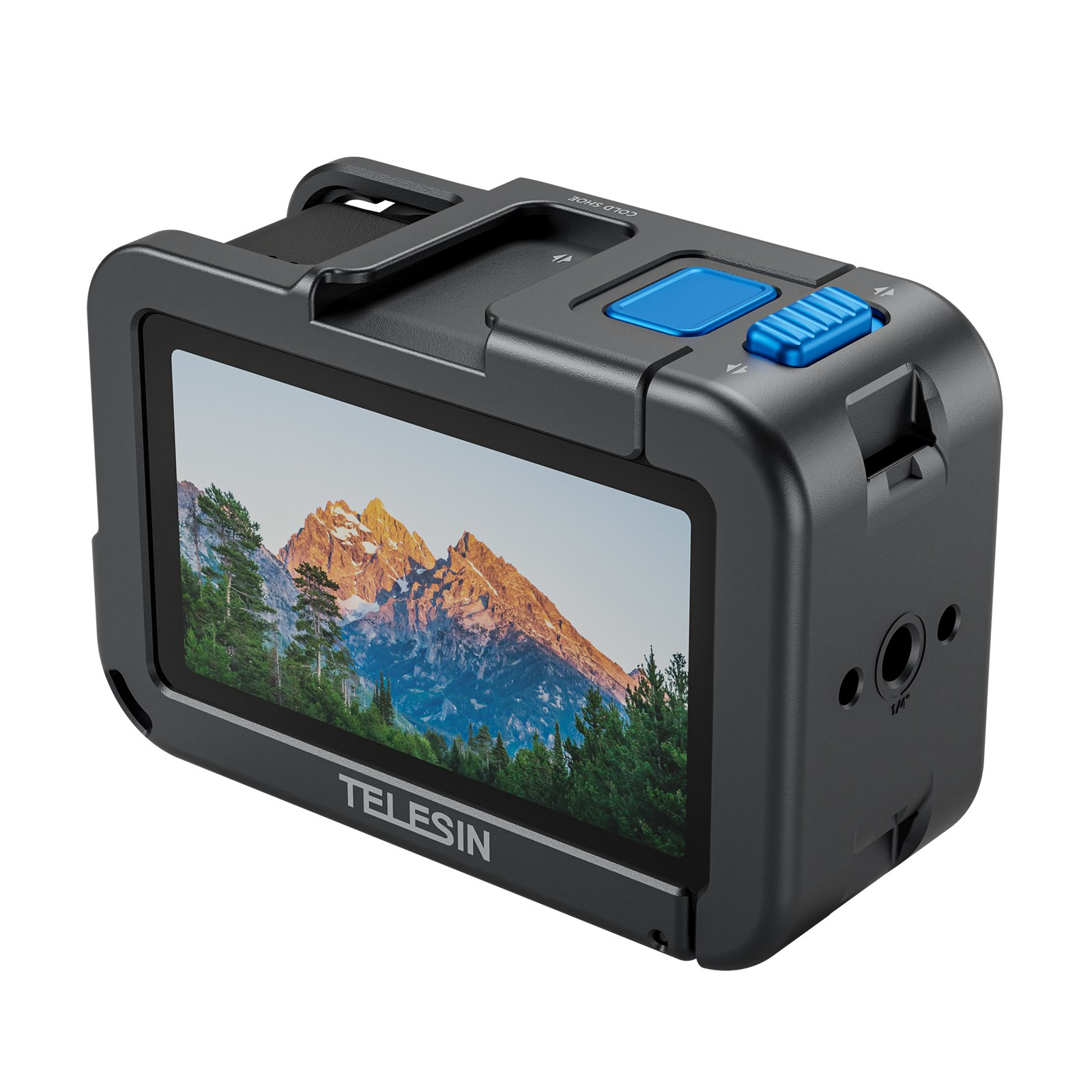 Een zwarte Telesin actiecamera-behuizing met blauwe knop en berglandschap op het scherm tegen een witte achtergrond.