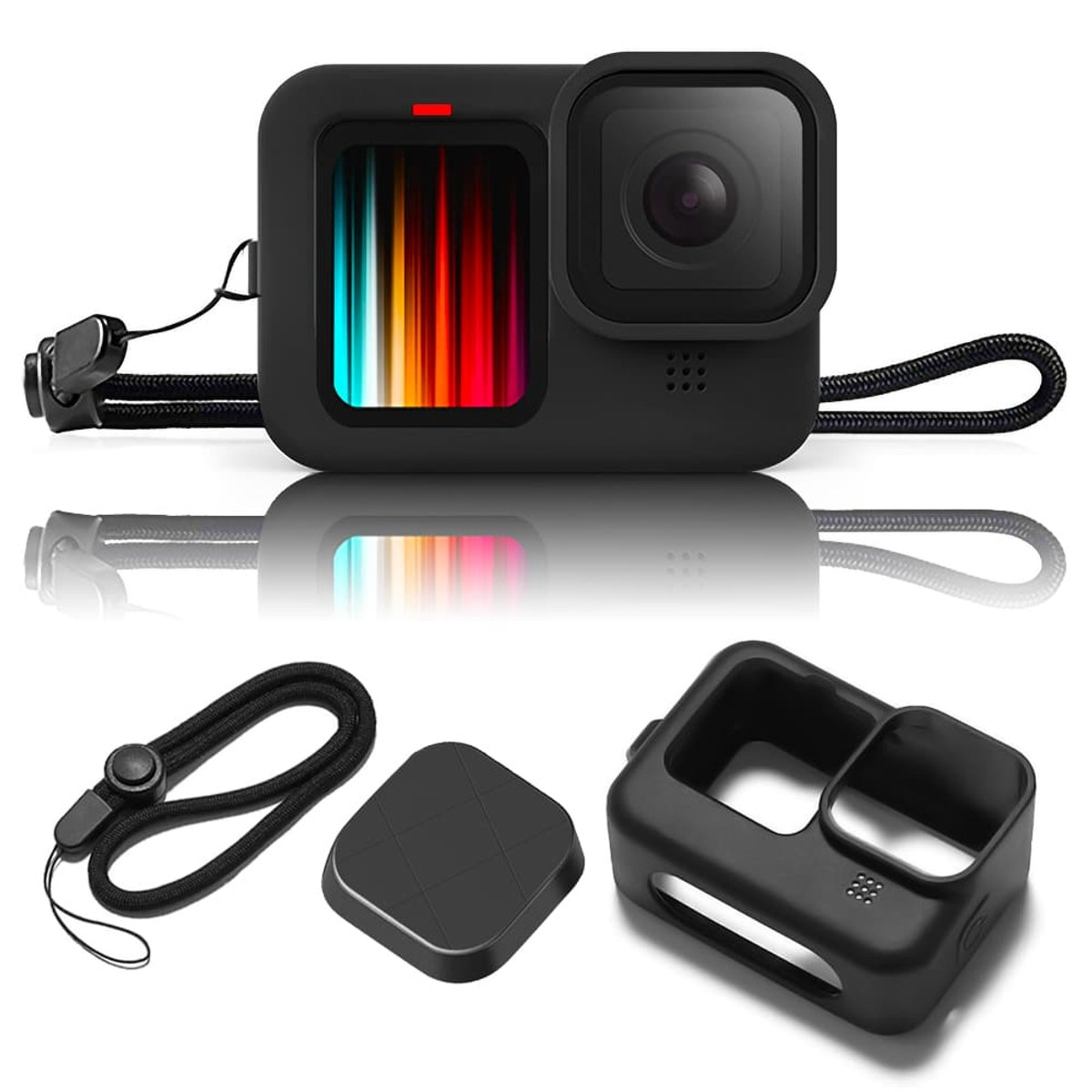 Zwarte siliconen beschermhoes voor actioncamera met nekband en lensdop.