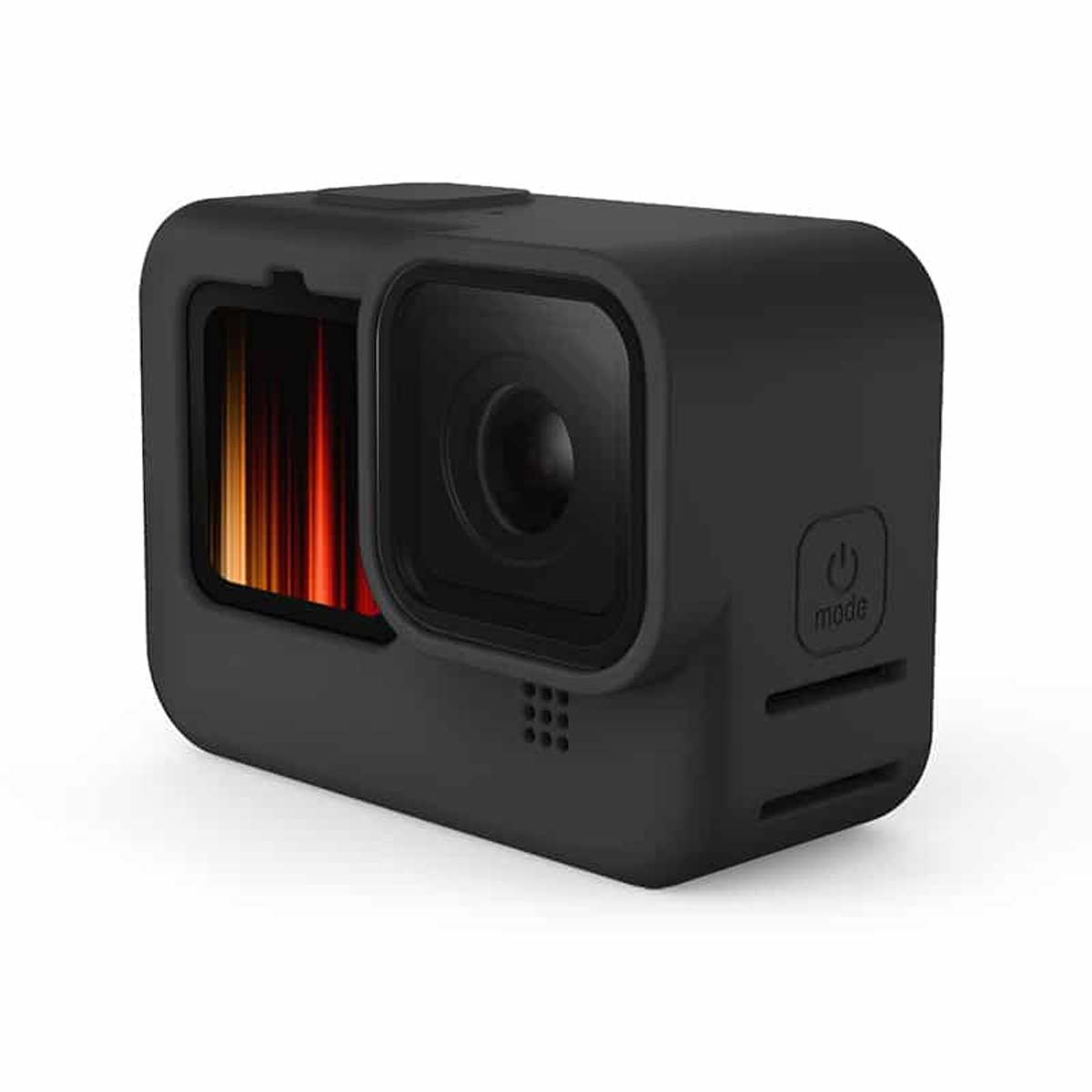 Een zwarte action camera met een vierkante lens en scherm op een witte achtergrond.