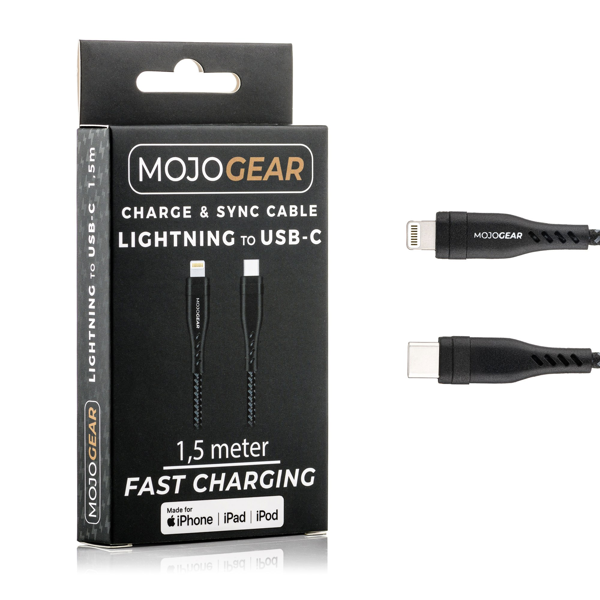 Emballage noir MojoGear pour câble Lightning vers USB-C de 1,5 m, avec connecteurs affichés à côté.