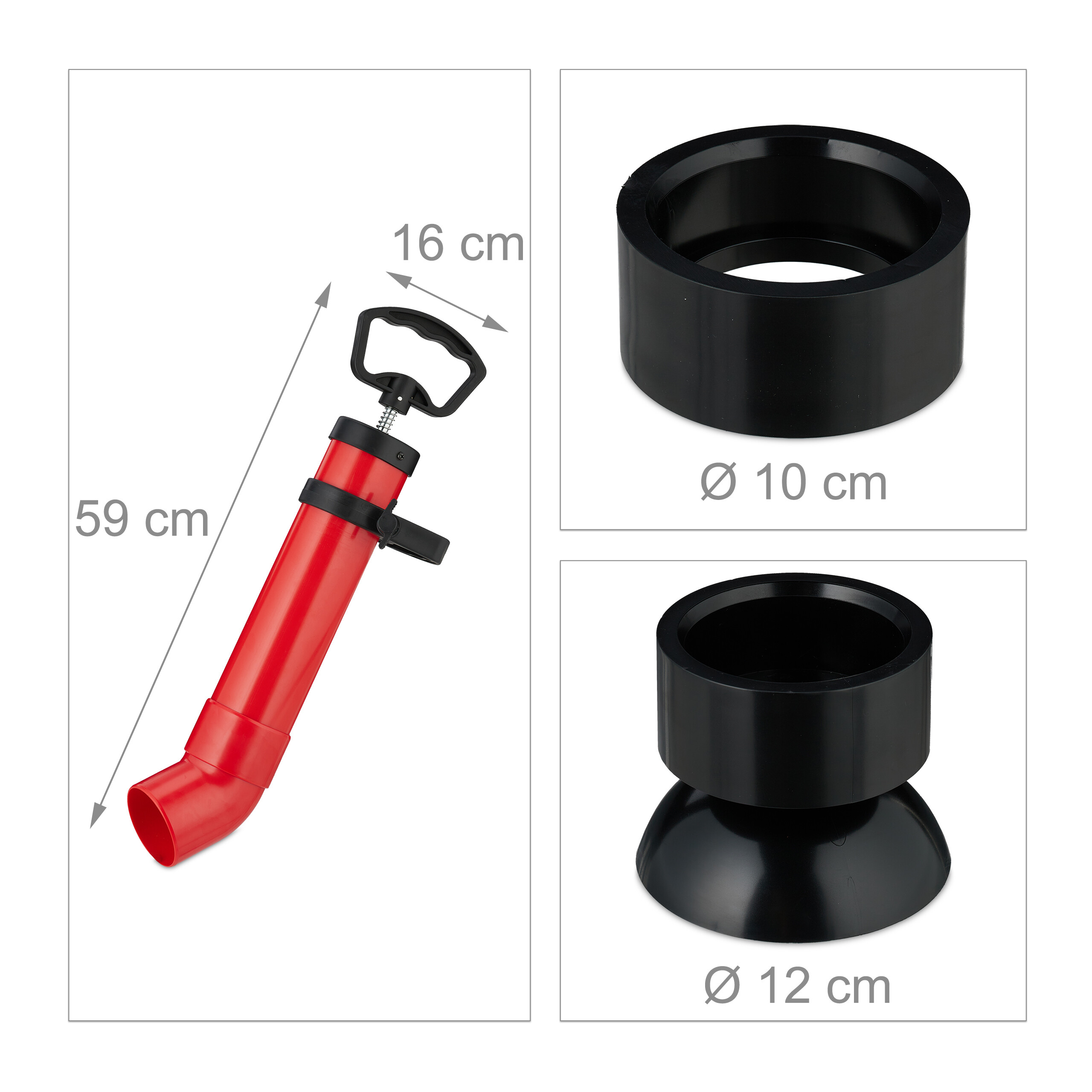 Rote Pumpe (59x16 cm) und zwei schwarze Aufsätze (10 cm und 12 cm Durchmesser) auf weißem Hintergrund.