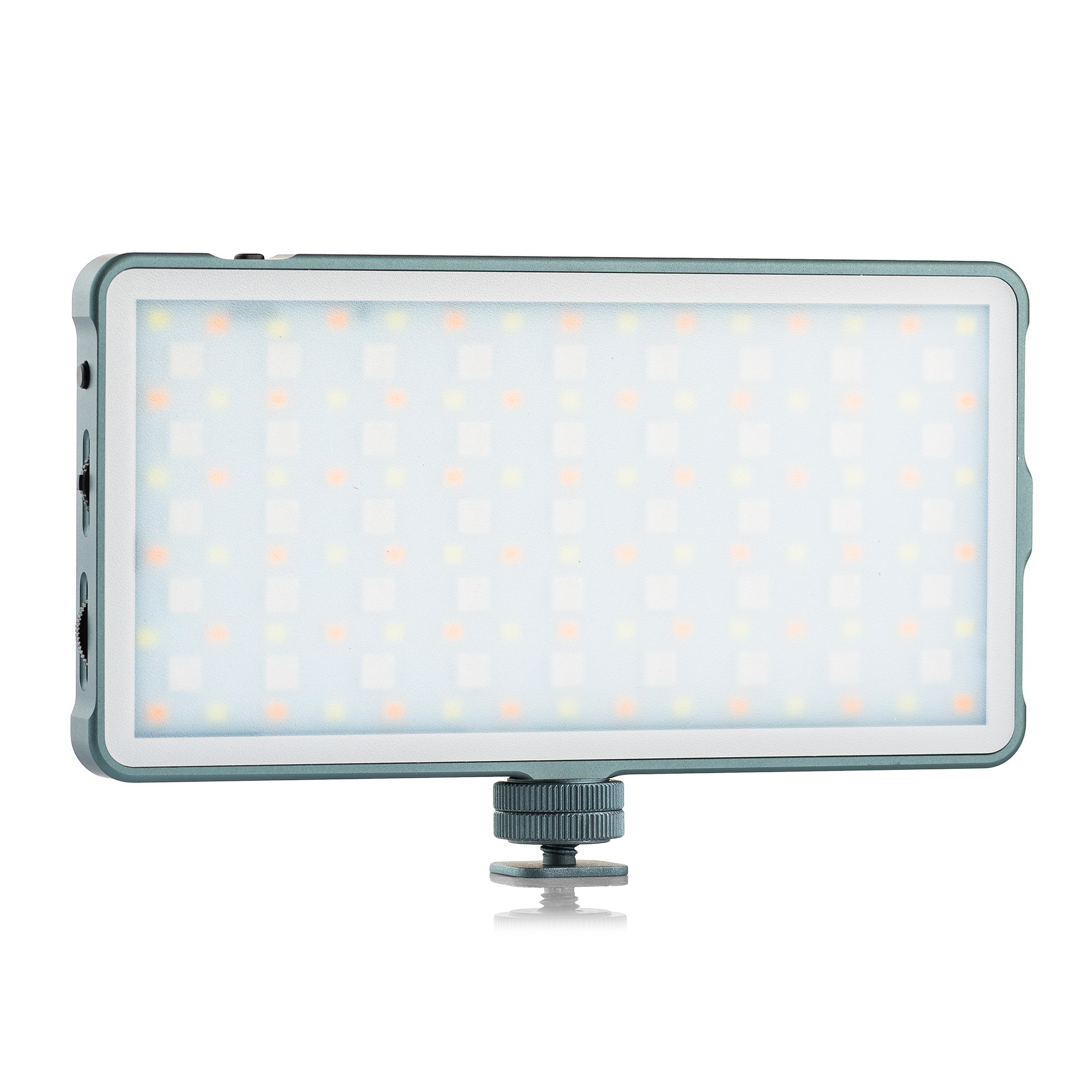A rectangular LED video light with a metal frame and an adjustable mount on a white background.