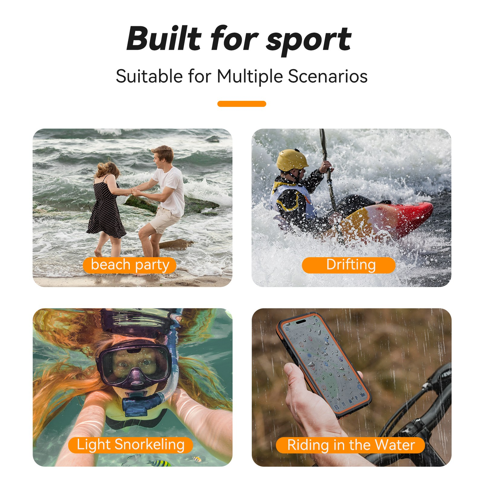 Four images show sports activities: beach party, rafting, snorkeling, and cycling in the rain.