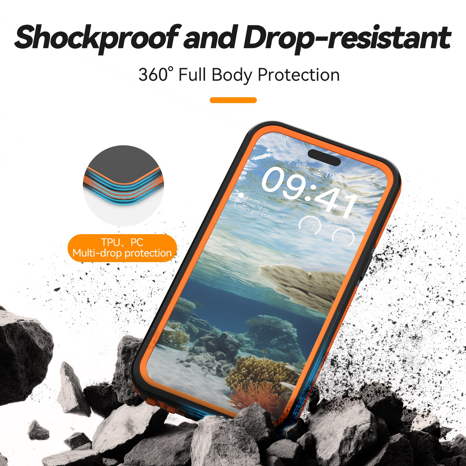Shockproof, rugged phone protection featuring TPU and PC, surrounded by debris.