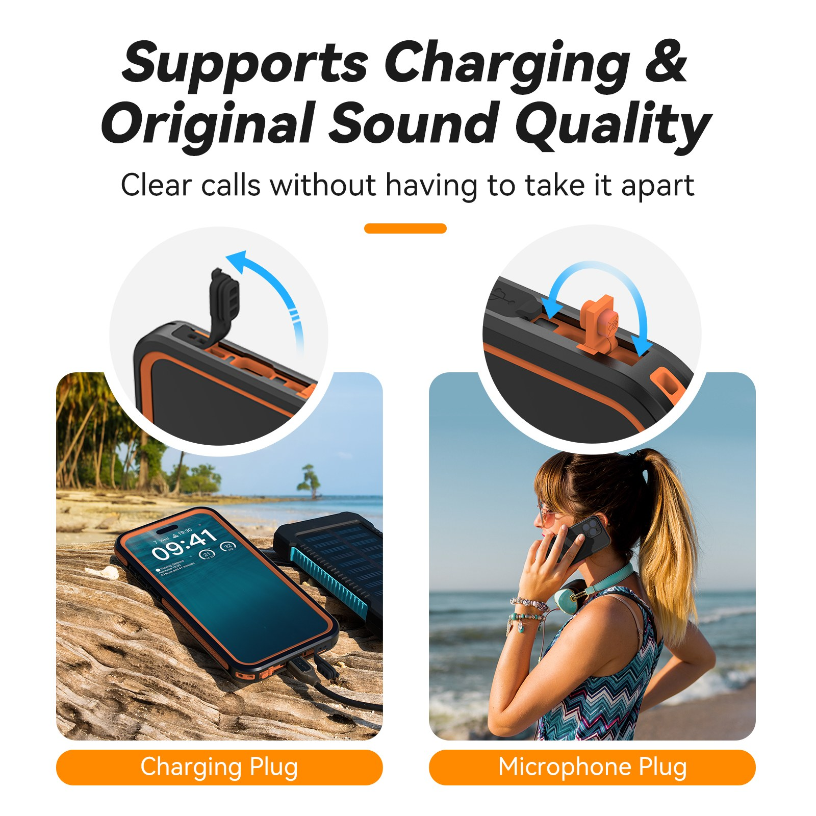 A phone case features openable plugs for charging and microphone use, ensuring clear sound and power access.