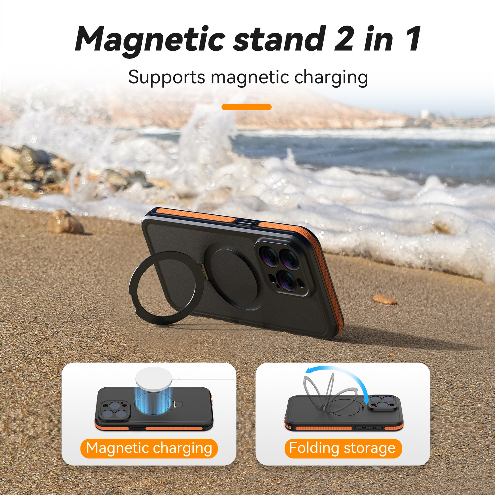 A smartphone with a built-in ring stand and magnetic case on a sandy beach in front of the sea.