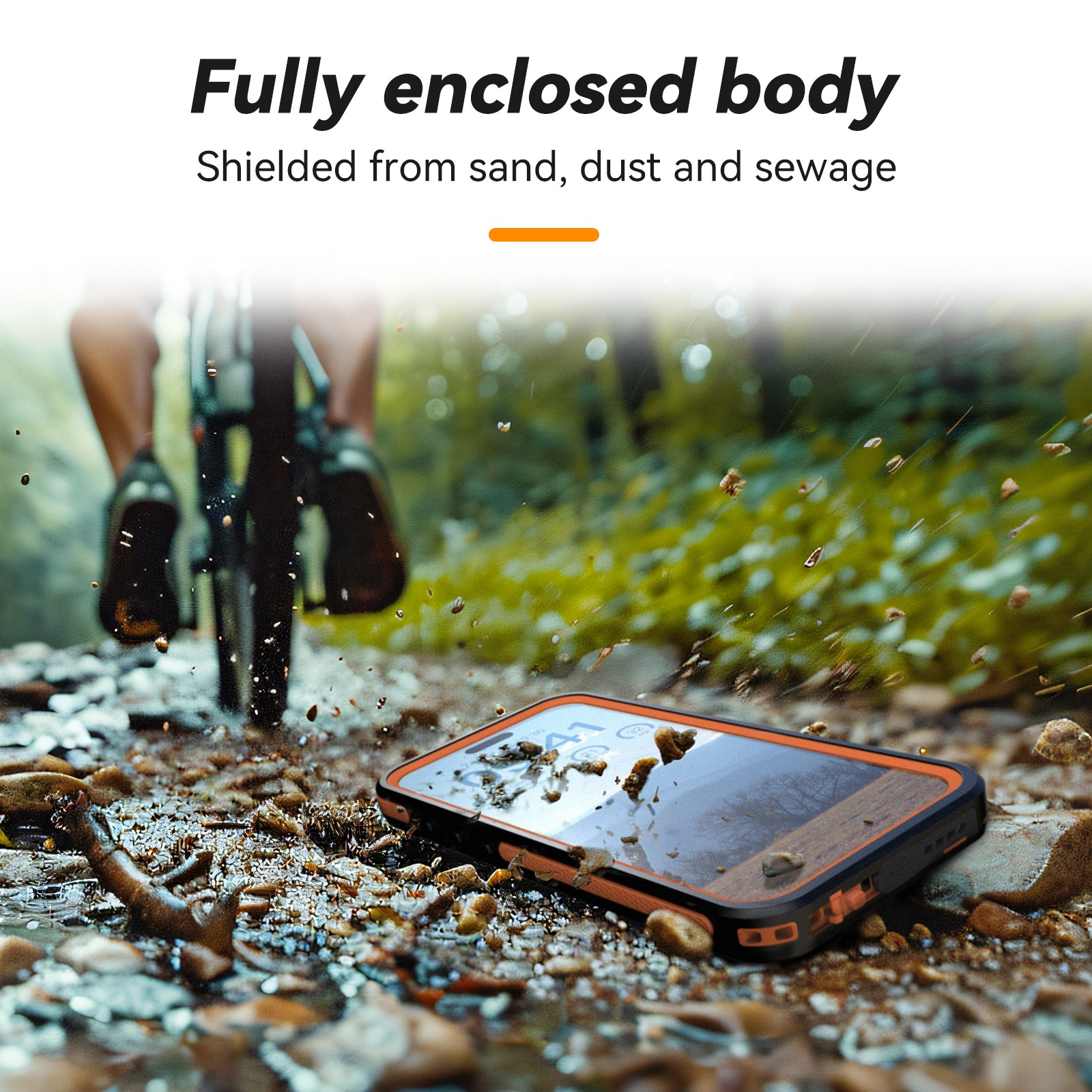 A rugged smartphone lies on muddy ground, while a bicycle rides through water in the background.