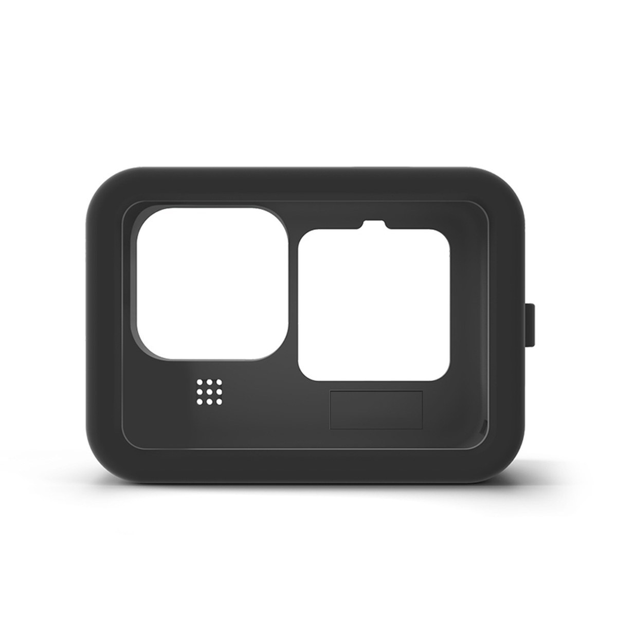 Zwarte beschermhoes voor actiecamera op een witte achtergrond.