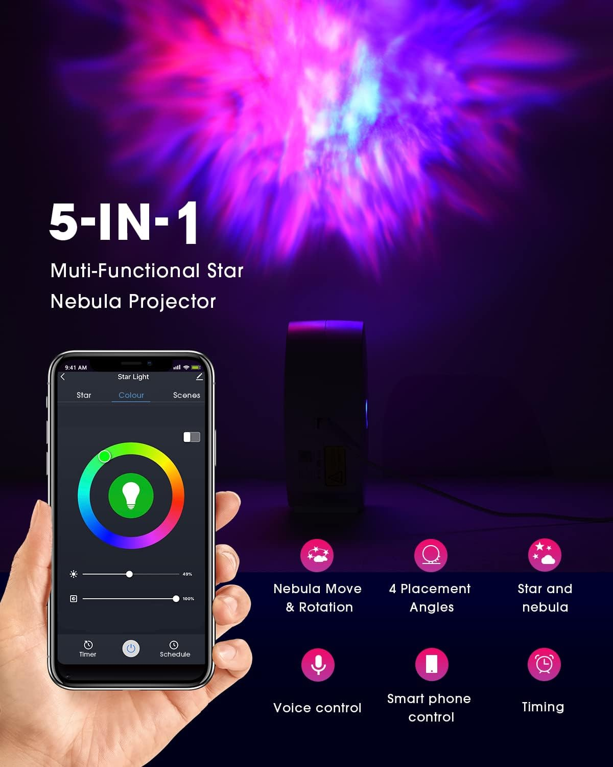 Smartphone-Steuerung für einen multifunktionalen Stern-Nebula-Projektor mit bunten Lichteffekten.