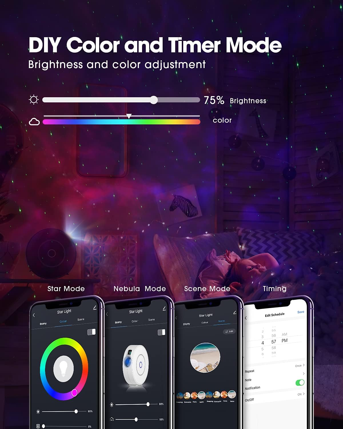 App-Oberfläche mit Farb-, Timer- und Sternenlicht-Steuerung vor einem Schlafzimmer.