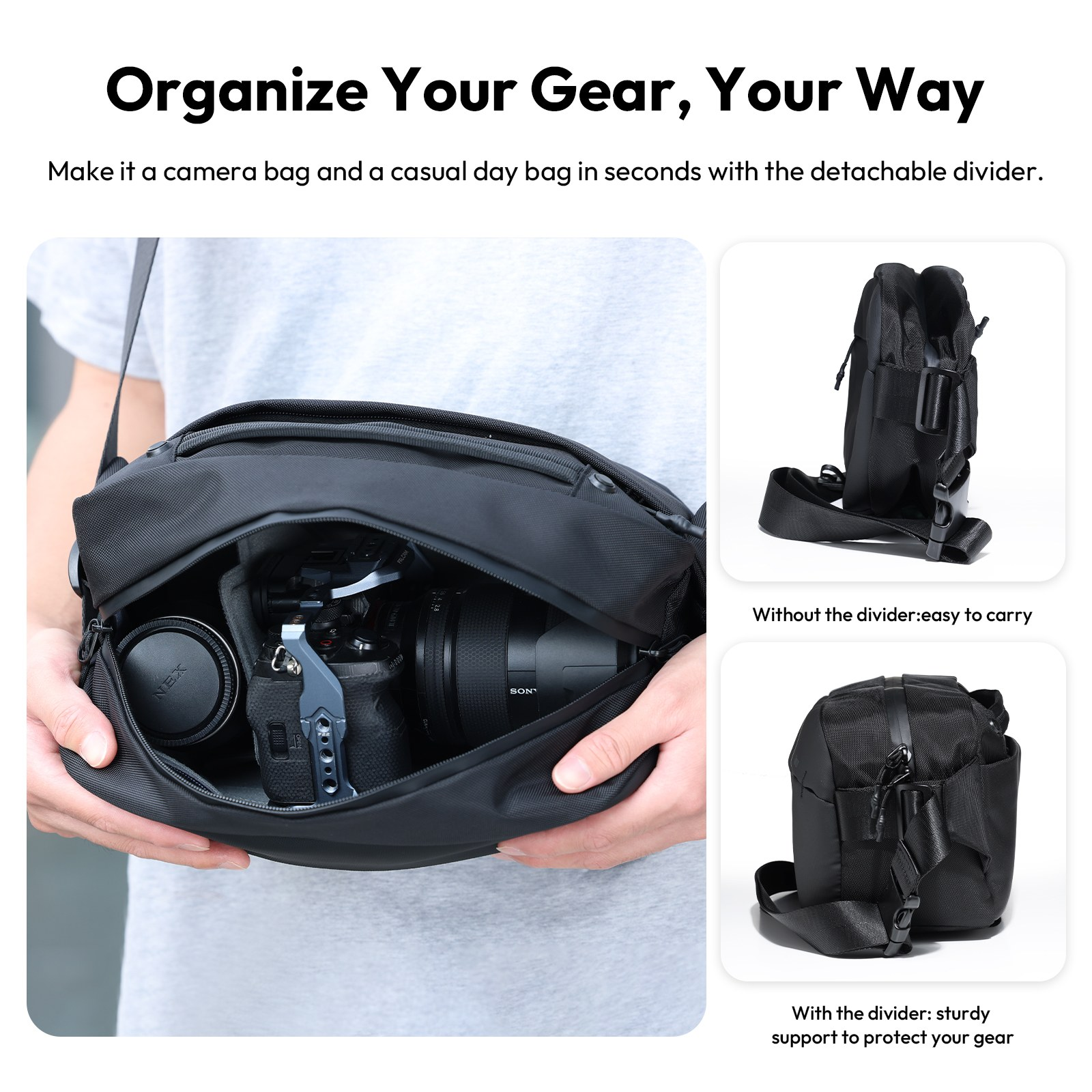 A black camera bag with adjustable dividers holding a camera and lens, shown from multiple angles.