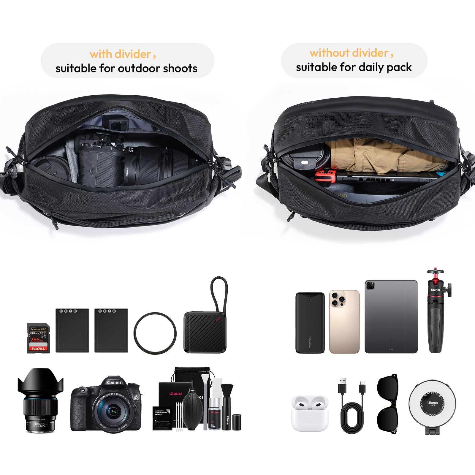 Comparison of two black camera bags: left packed with photo gear, right with everyday items and accessories.