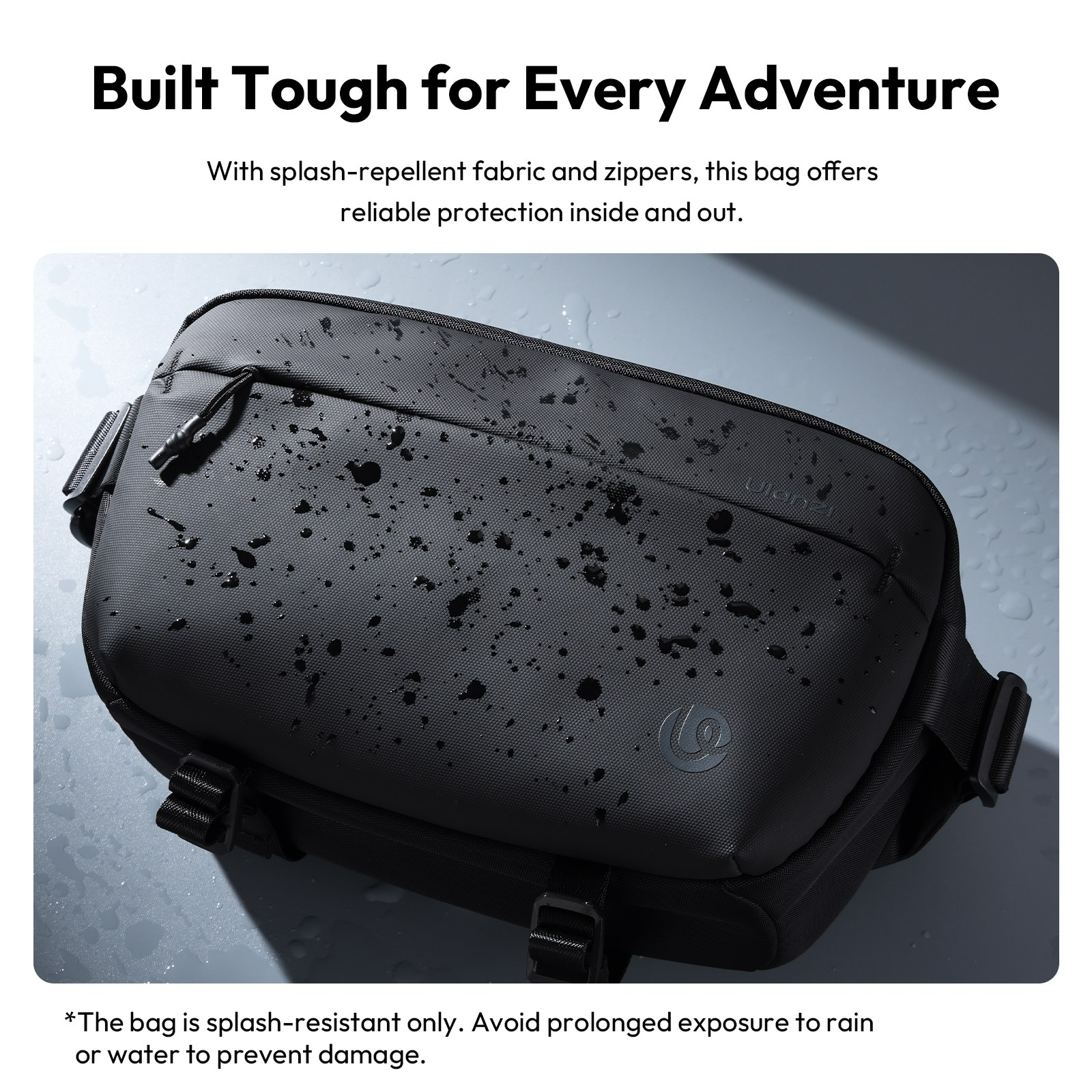 A black water-resistant bag with water droplets on its surface, placed on a light grey background with promotional text.