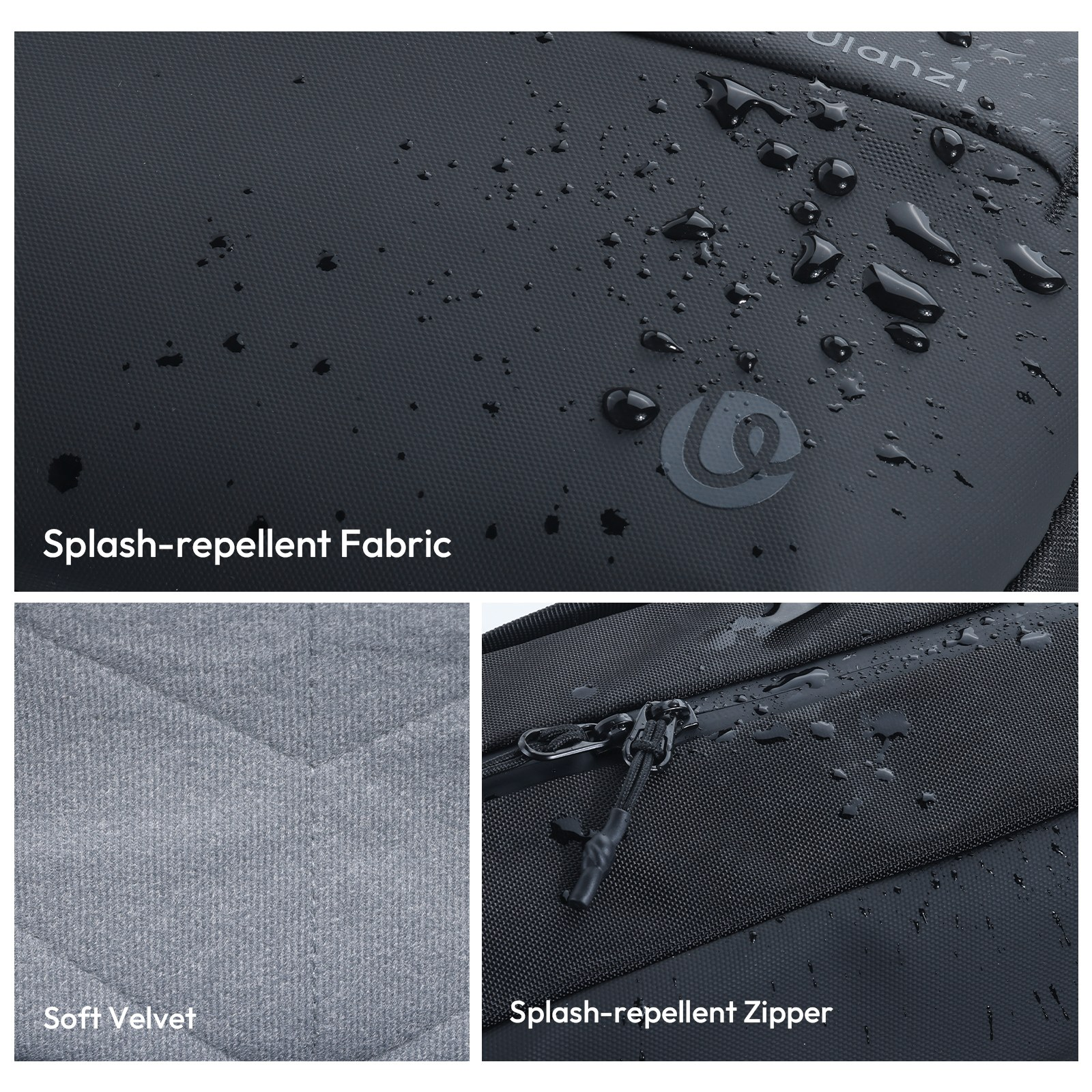 Three panels show splash-repellent fabric with water drops, soft velvet, and a splash-repellent zipper.