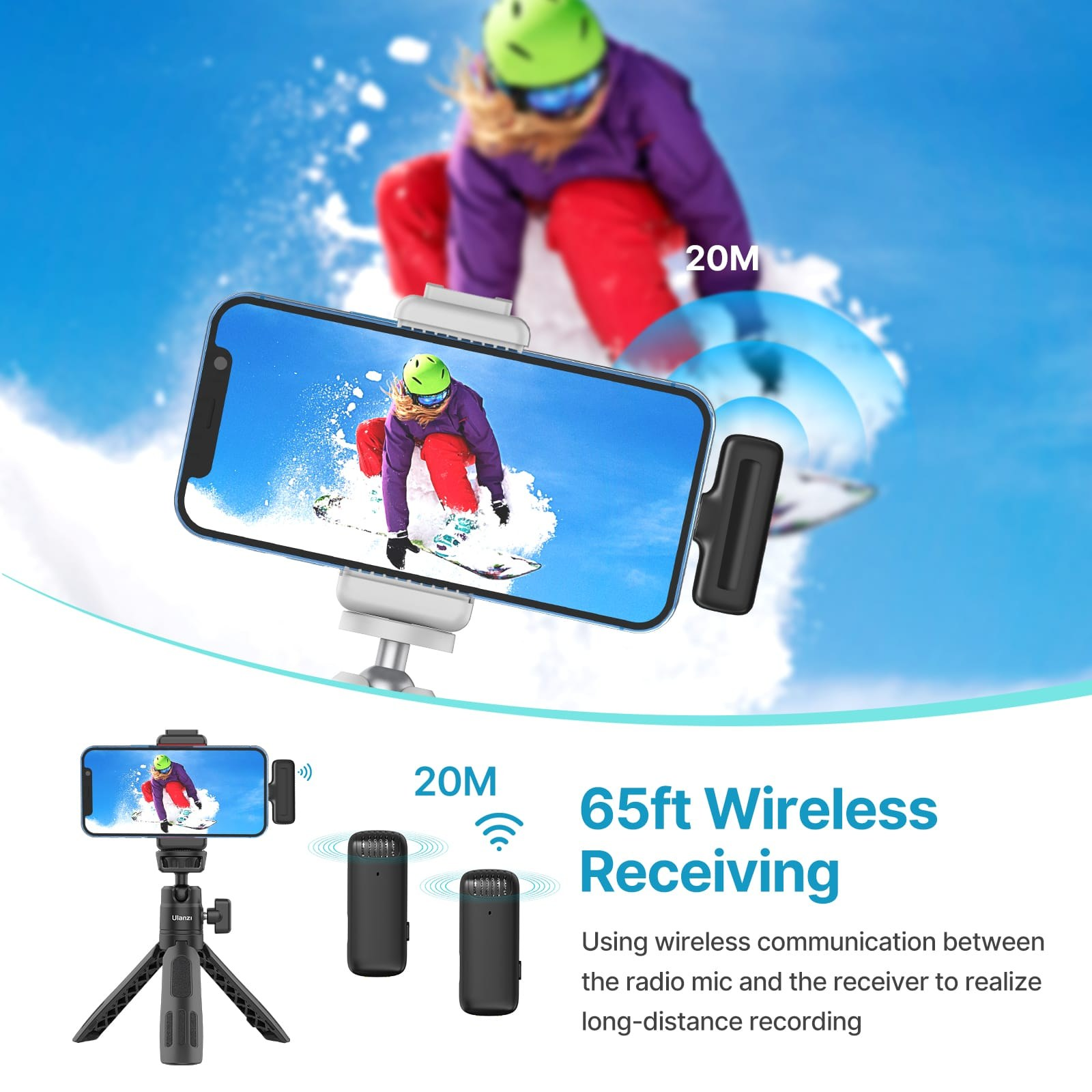 Ein Smartphone auf einem Stativ mit Mikrofon zeigt einen Snowboarder und hebt 65 Fuß kabellose Reichweite hervor.