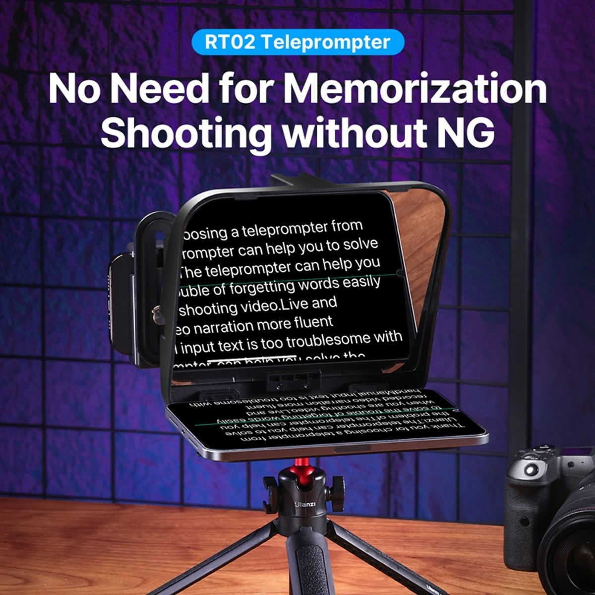 Téléprompteur RT02 sur trépied affichant du texte sur un smartphone devant une grille violette.