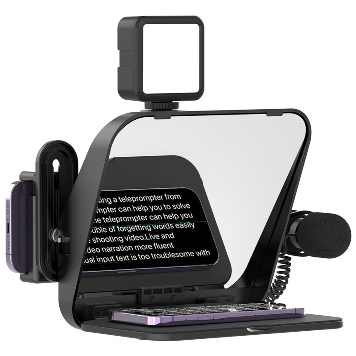 Un kit de prompteur pour smartphone noir avec lumière, verre réfléchissant et micro sur fond blanc.