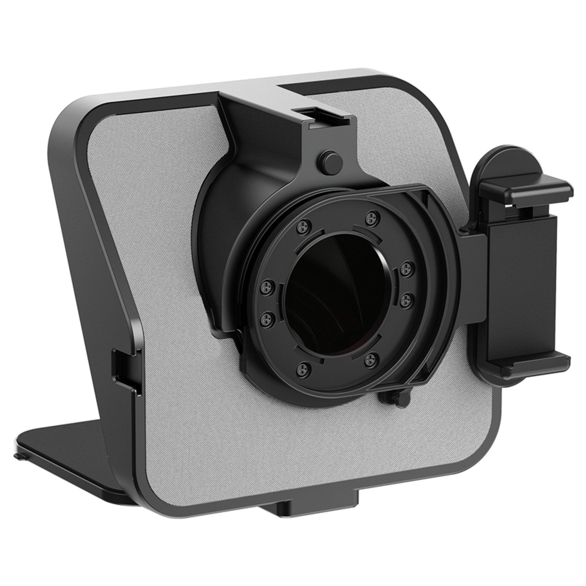 Un boîtier de téléobjectif noir et gris pour smartphone avec monture ronde et pince latérale.