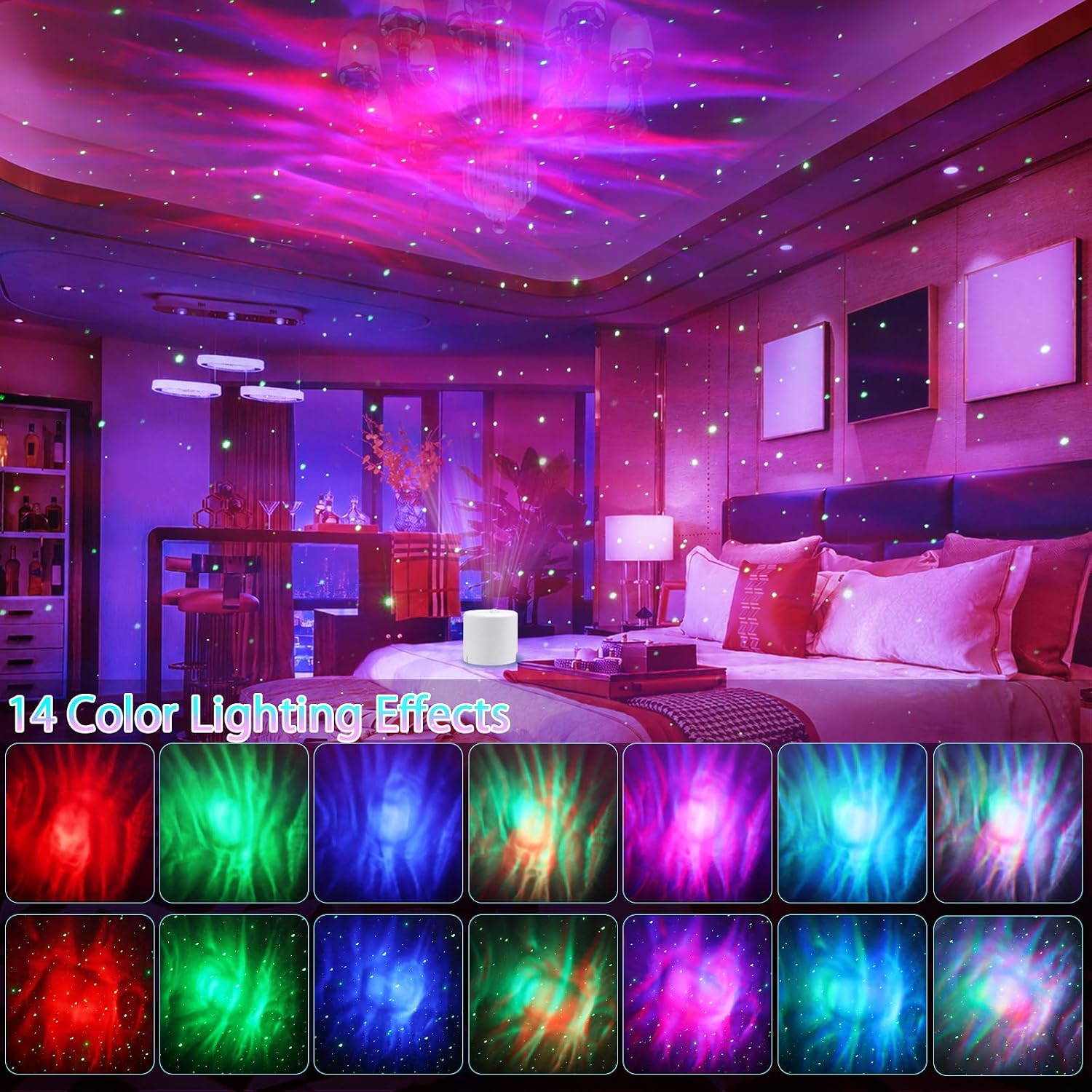 Ein Schlafzimmer mit Projektor, bunten rosa-blauen Lichtern, grünen Punkten und einer Vorschau auf 14 Effekte.
