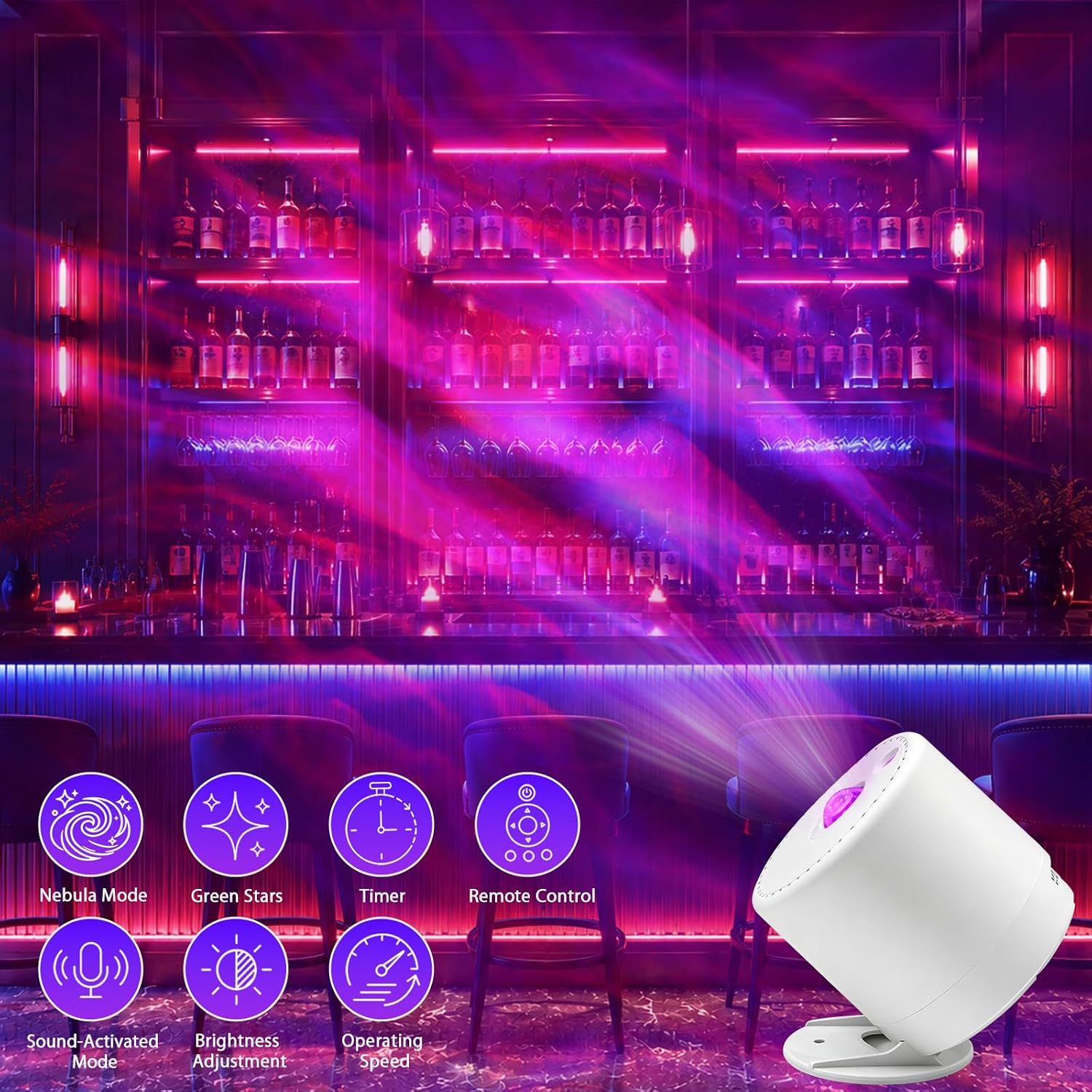 Ein weißer Sternenprojektor wirft eine violette Lichtshow in einer Bar, mit Funktionssymbolen unten.