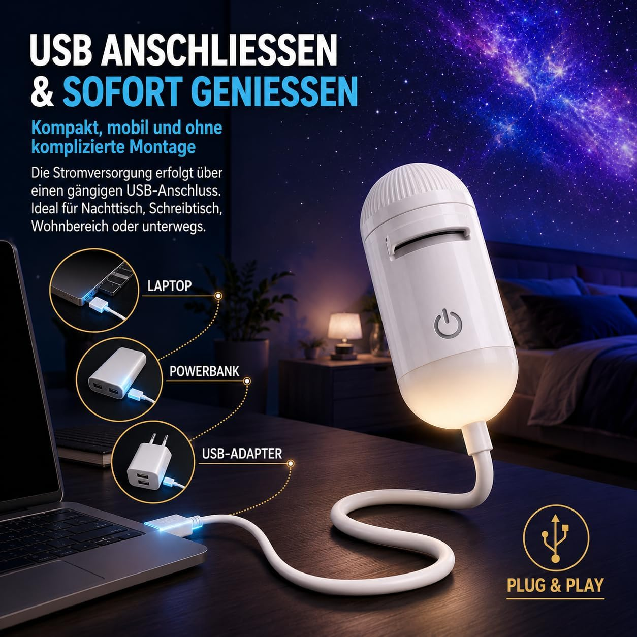 Eine weiße USB-Lampe auf einem Schreibtisch zeigt Infografiken für Laptop, Powerbank und USB-Adapter.