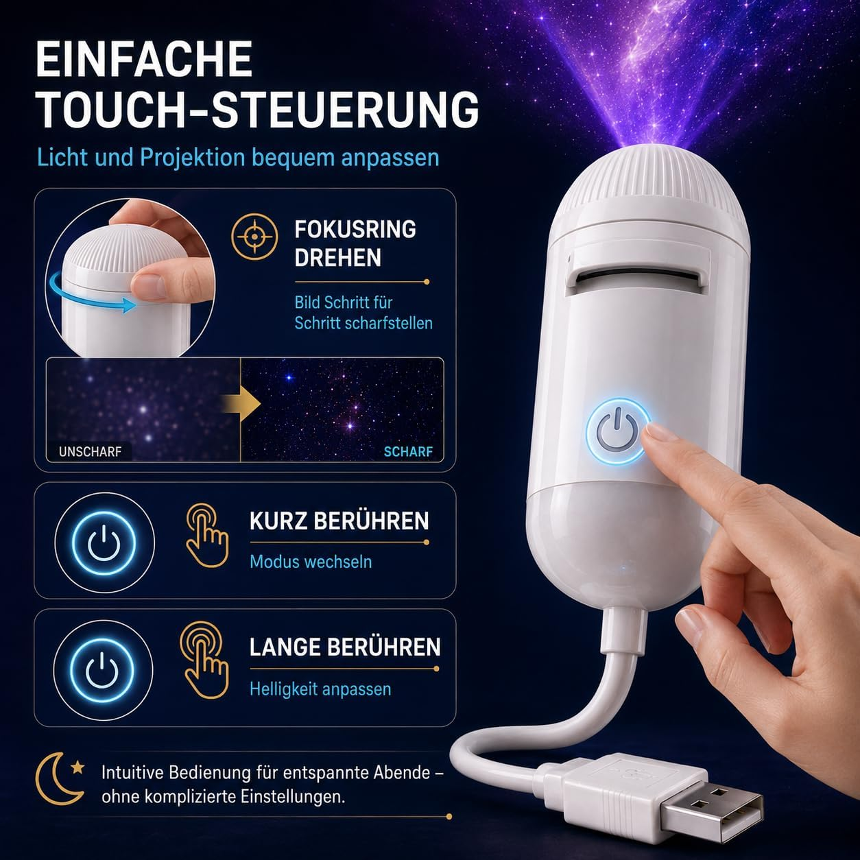 Weißer Projektor mit Touch-Steuerung, USB-Kabel und Anweisungen für Fokus, Modus und Helligkeit.