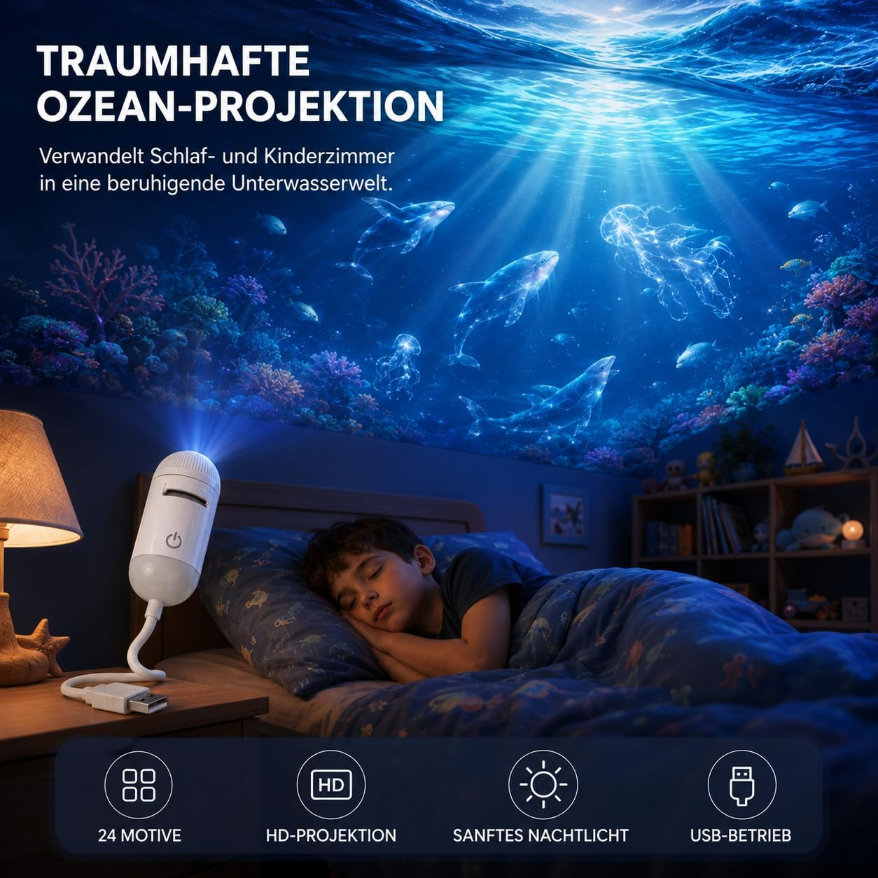 Ein Kind schläft im Bett, während eine Lampe eine Unterwasserwelt mit Fischen an die Wand projiziert.