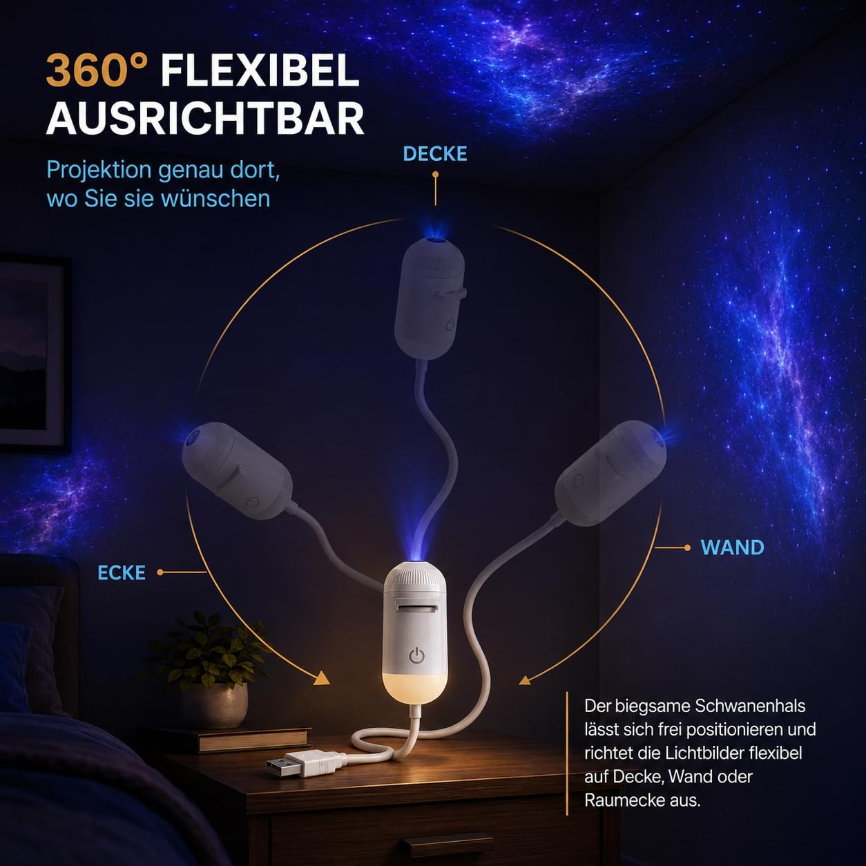 Ein weißer, flexibler Projektor auf einem Holztisch projiziert einen blauen Sternenhimmel an Wand und Decke.