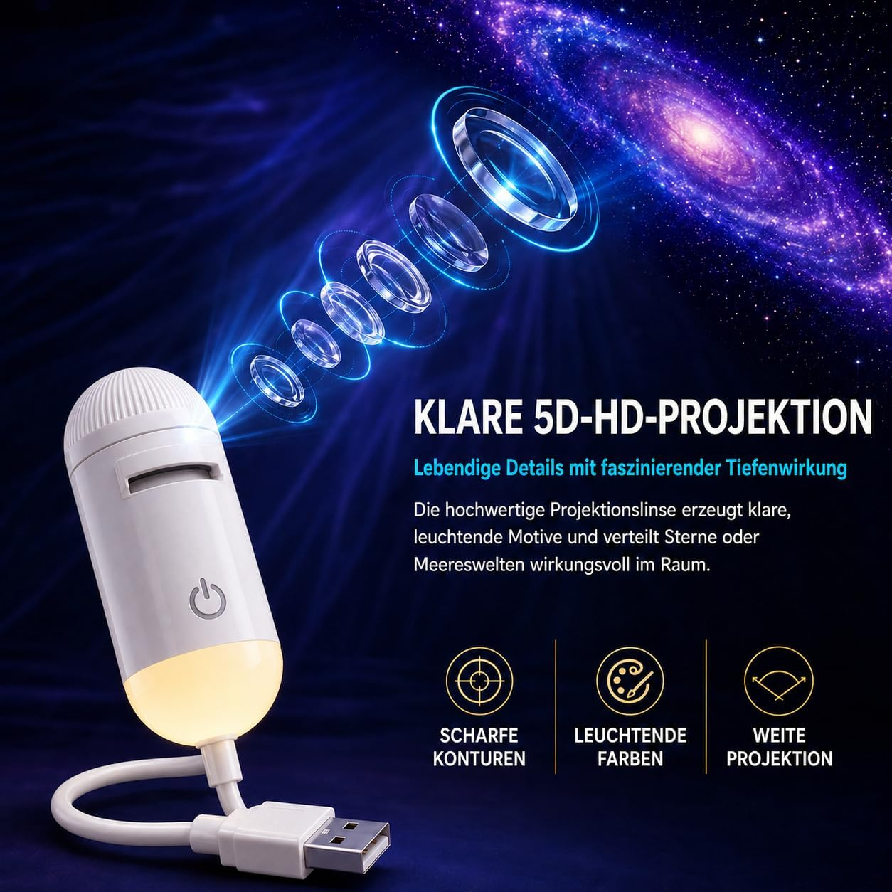 Weißer Projektor mit USB-Kabel projiziert Linsenbilder in einen kosmischen Hintergrund mit Text.