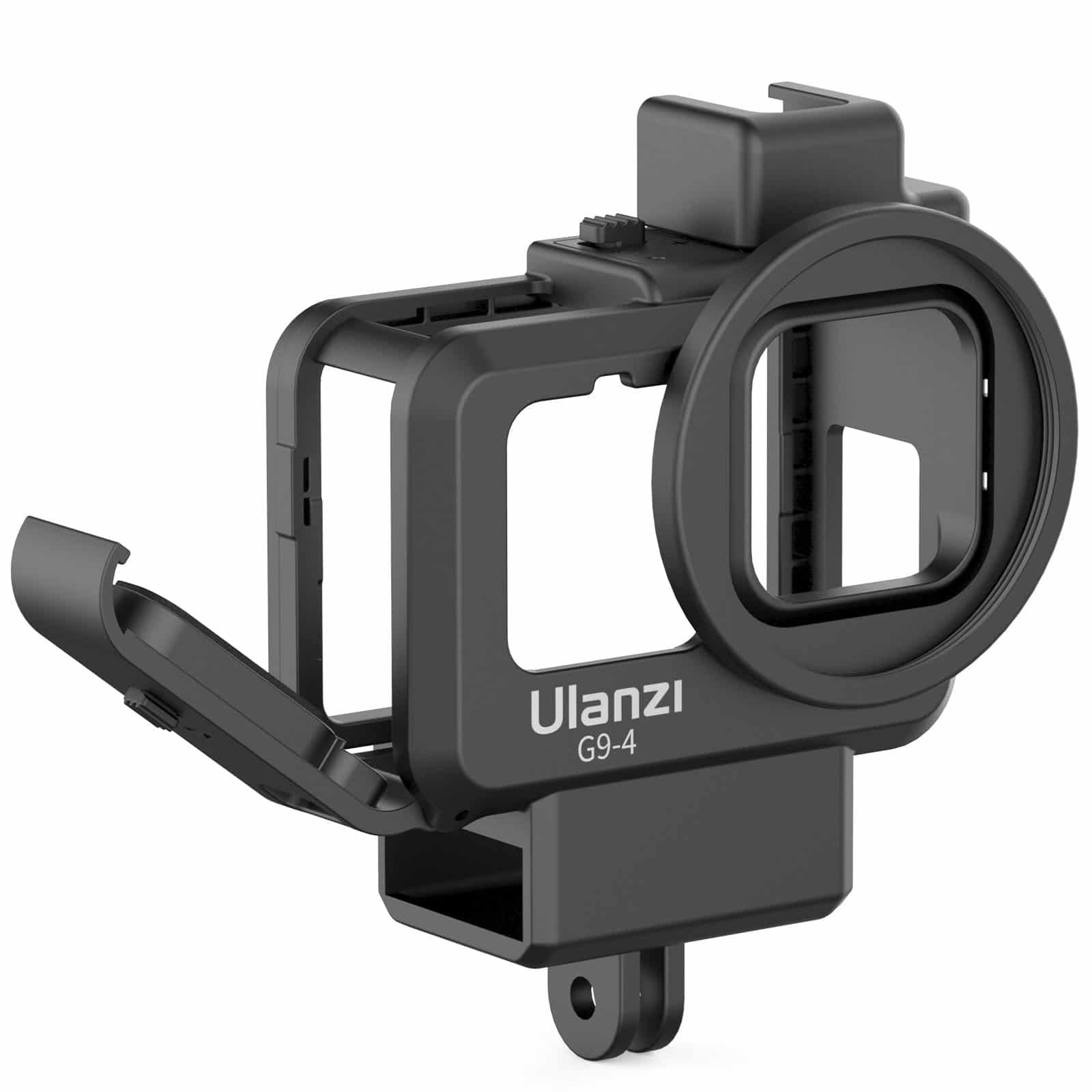 Zwarte Ulanzi G9-4 camerakooi met open batterijklep en lensring op een witte achtergrond.