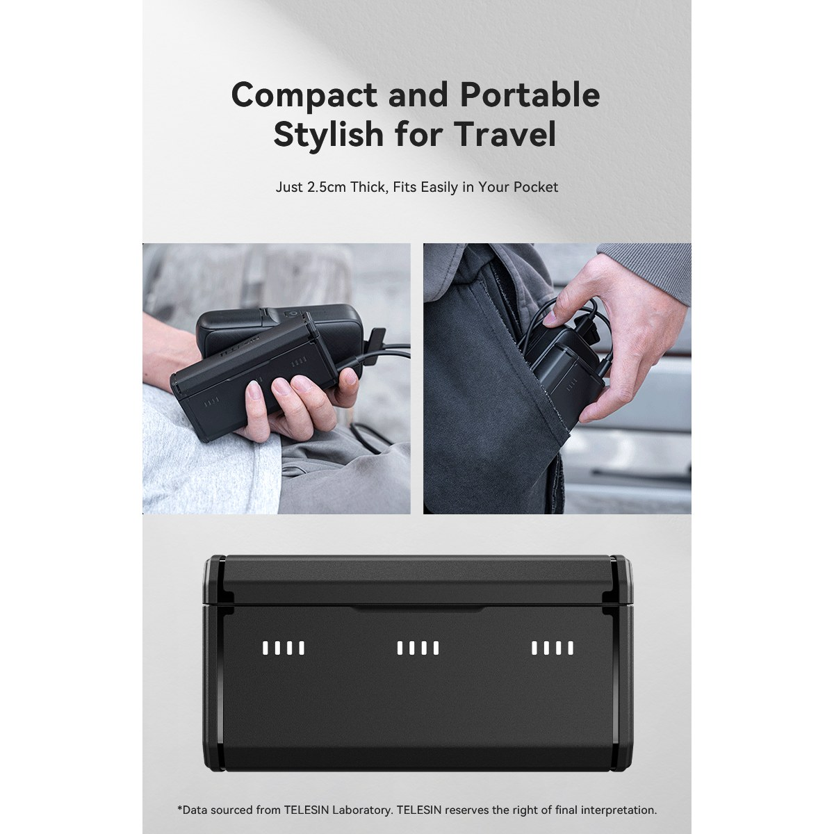 Compact, portable charger, 2.5cm thick, fits in pockets.