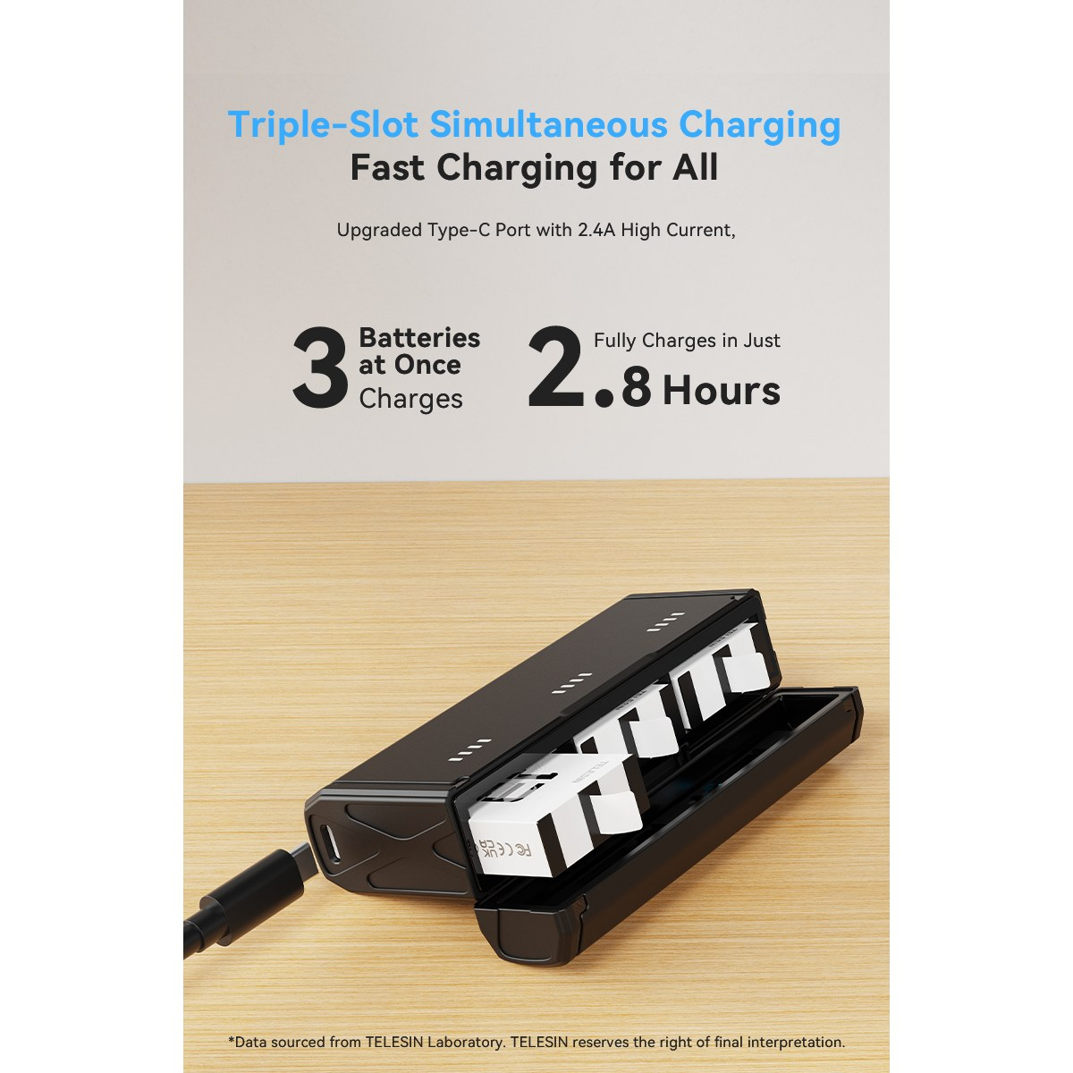 A black triple-slot battery charger sits on a wooden surface with promotional text above.