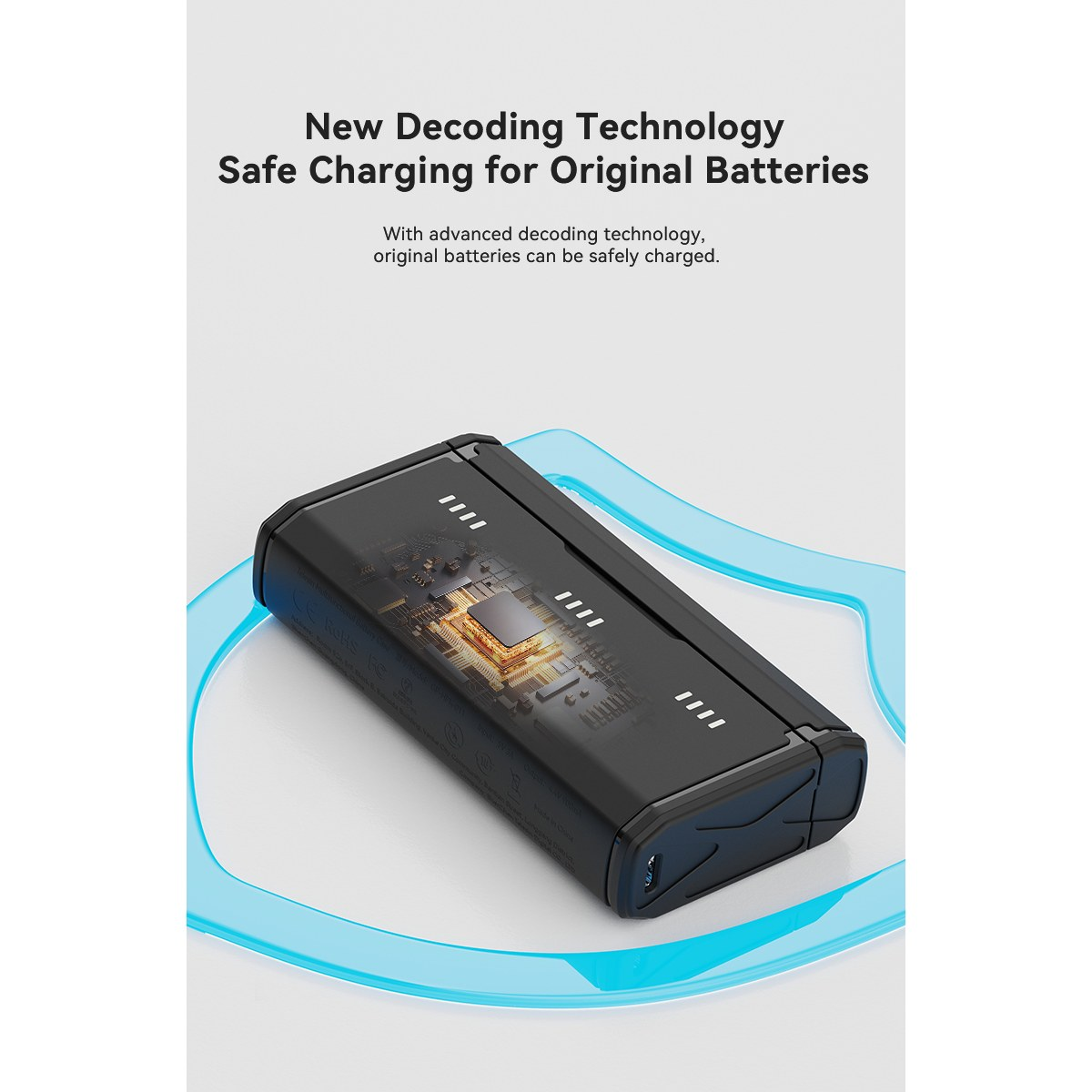 A black charger with transparent cover and internal chip graphic on a white background with a blue border.