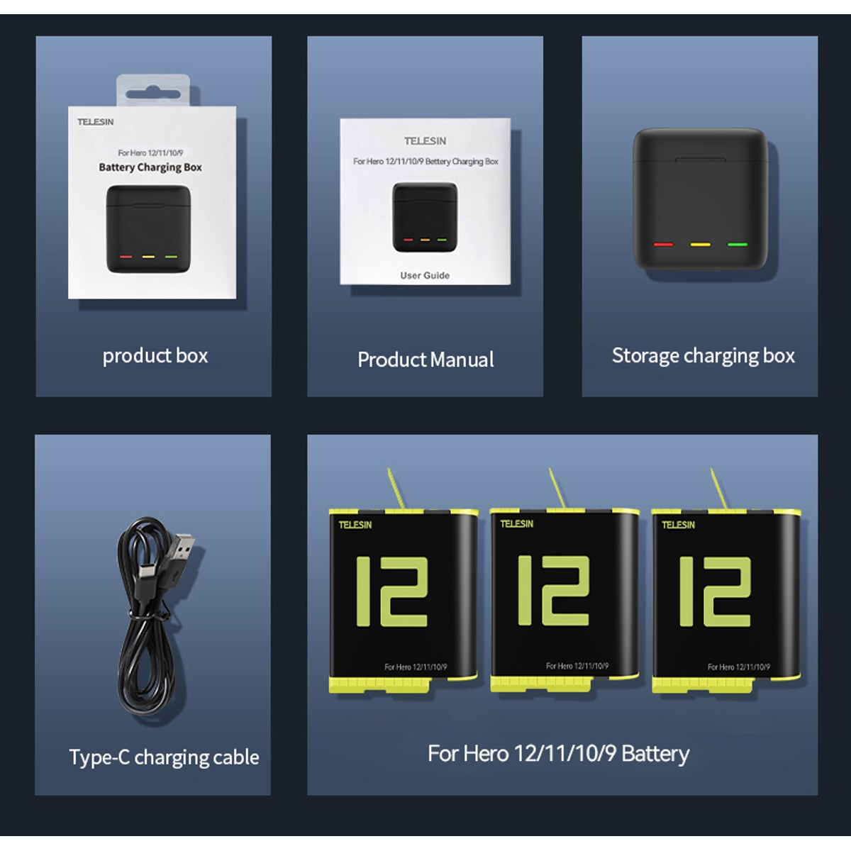 Telesin battery charging box, manual, storage case, USB-C cable, and three batteries for Hero 12/11/10/9.