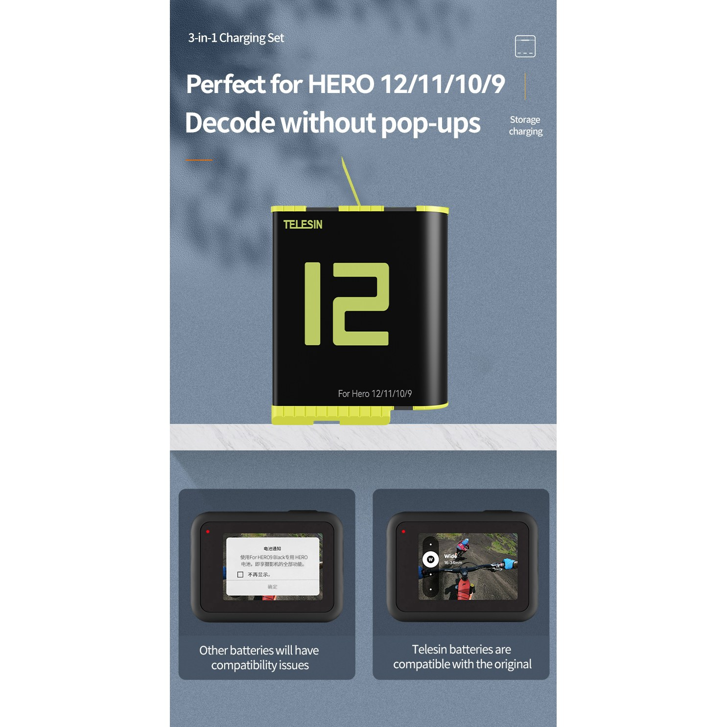 Telesin 3-in-1 charging set for GoPro Hero 12/11/10/9 with pop-up free compatibility.