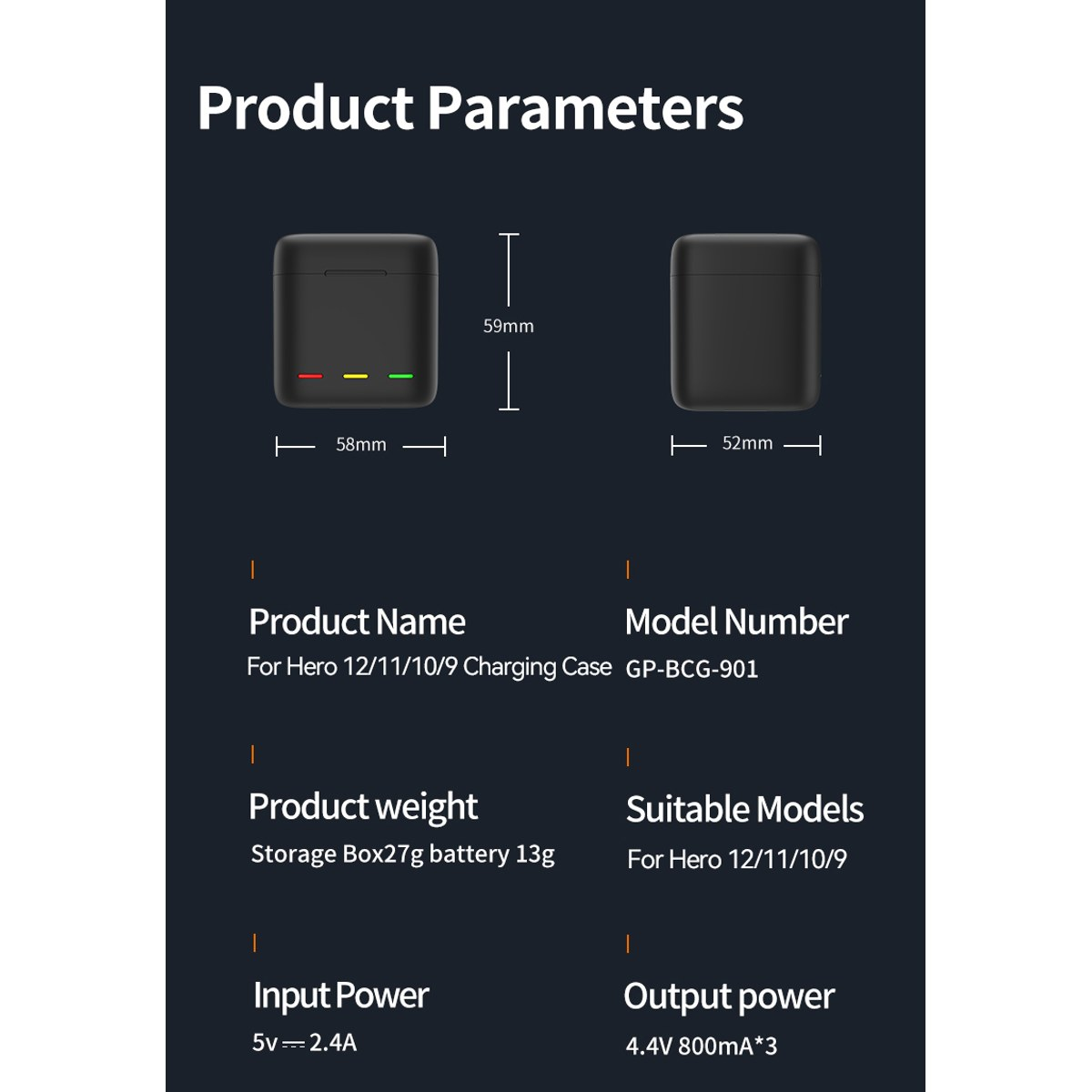 Product parameters for Hero 12/11/10/9 charging case, showing dimensions, weight, model number, and power details.