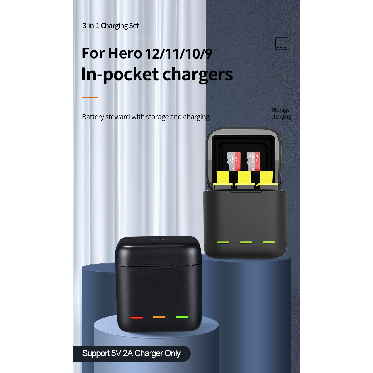 A black 3-in-1 GoPro battery charger case holding batteries and memory cards with status lights.
