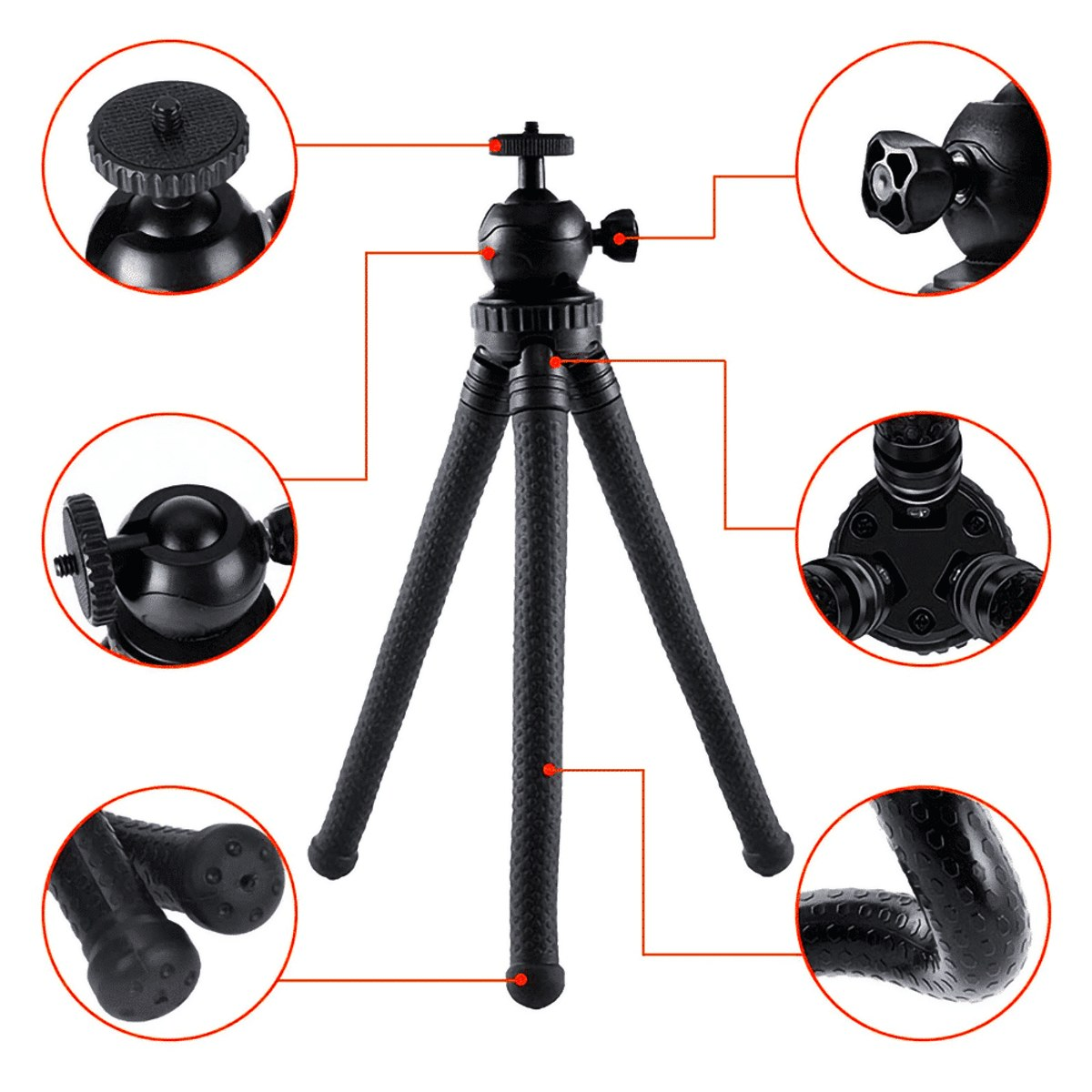 A black flexible tripod with magnified detail circles showing the head, joints, and feet.