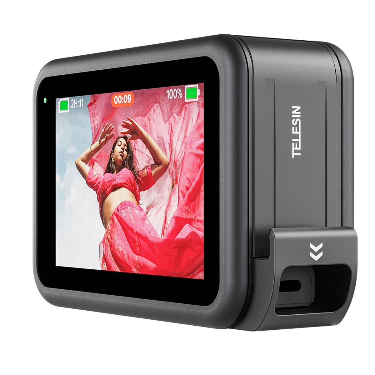 Een zwarte Telesin-actiecamera toont een scherm met een vrouw in roze kleding.