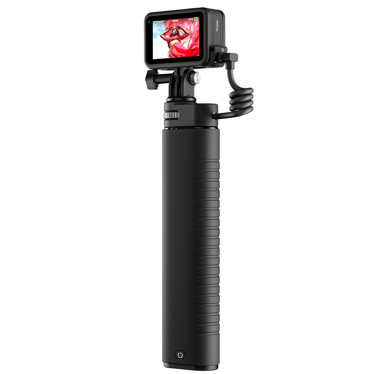 Zwarte handgreep met actiecamera bovenop, verbonden door een korte kabel op een witte achtergrond.