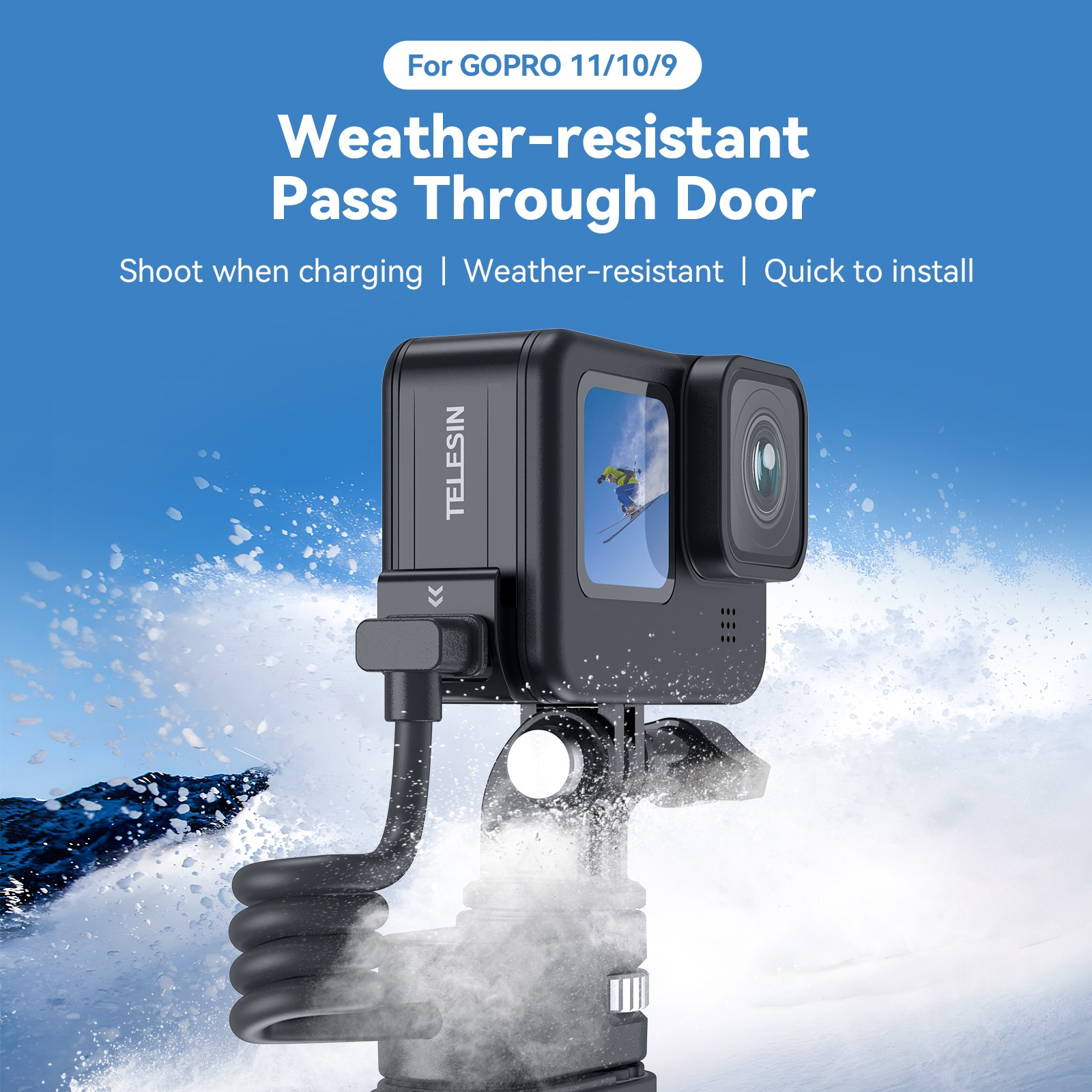 Weerbestendige Telesin pass-through deur voor GoPro in de sneeuw.