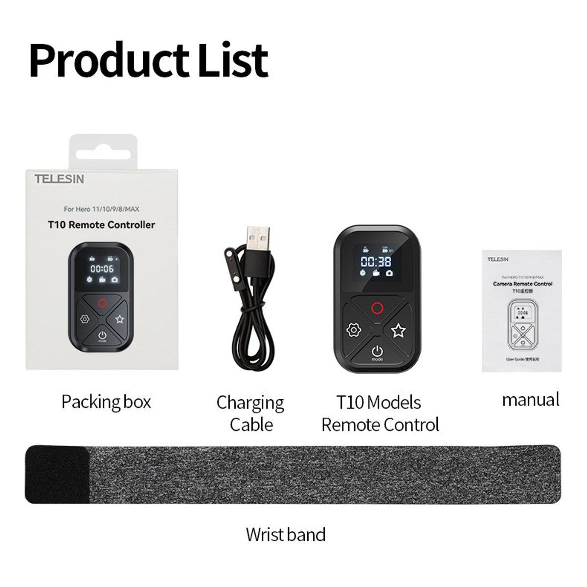 Productlijst met Telesin T10 afstandsbediening, verpakking, oplaadkabel, handleiding en polsband.