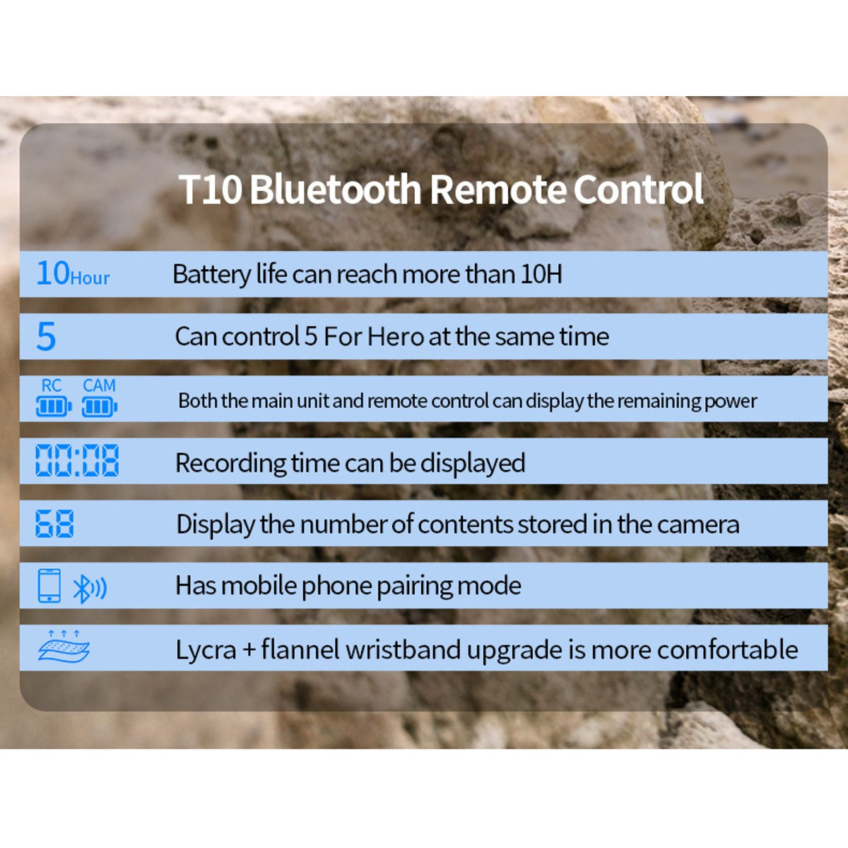 Productkenmerken van de T10 Bluetooth-afstandsbediening op blauwe balken.